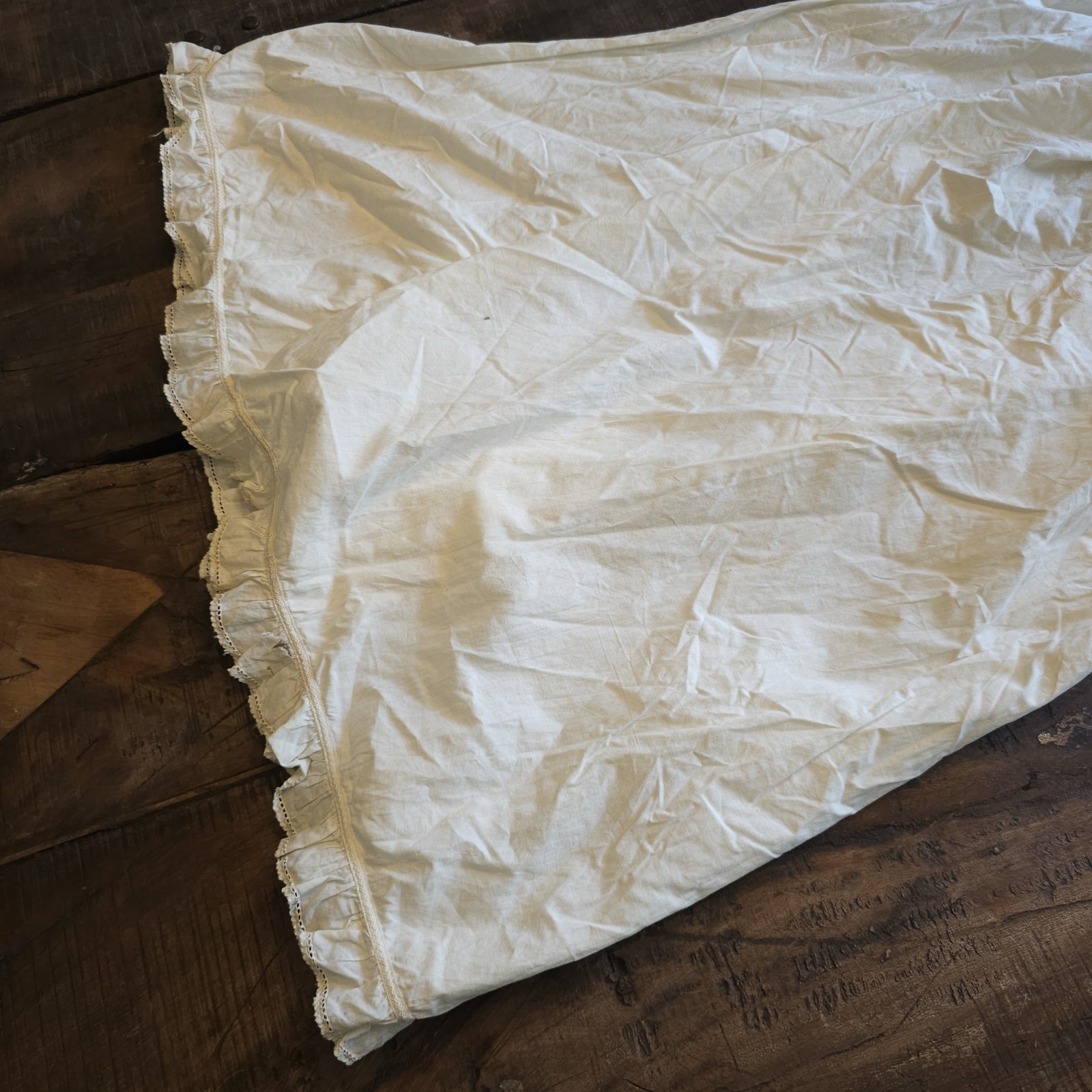 Antique Chemise Cream Lace Trim Slip Midi Dress w/ Ruffled Sleeves Edwardian