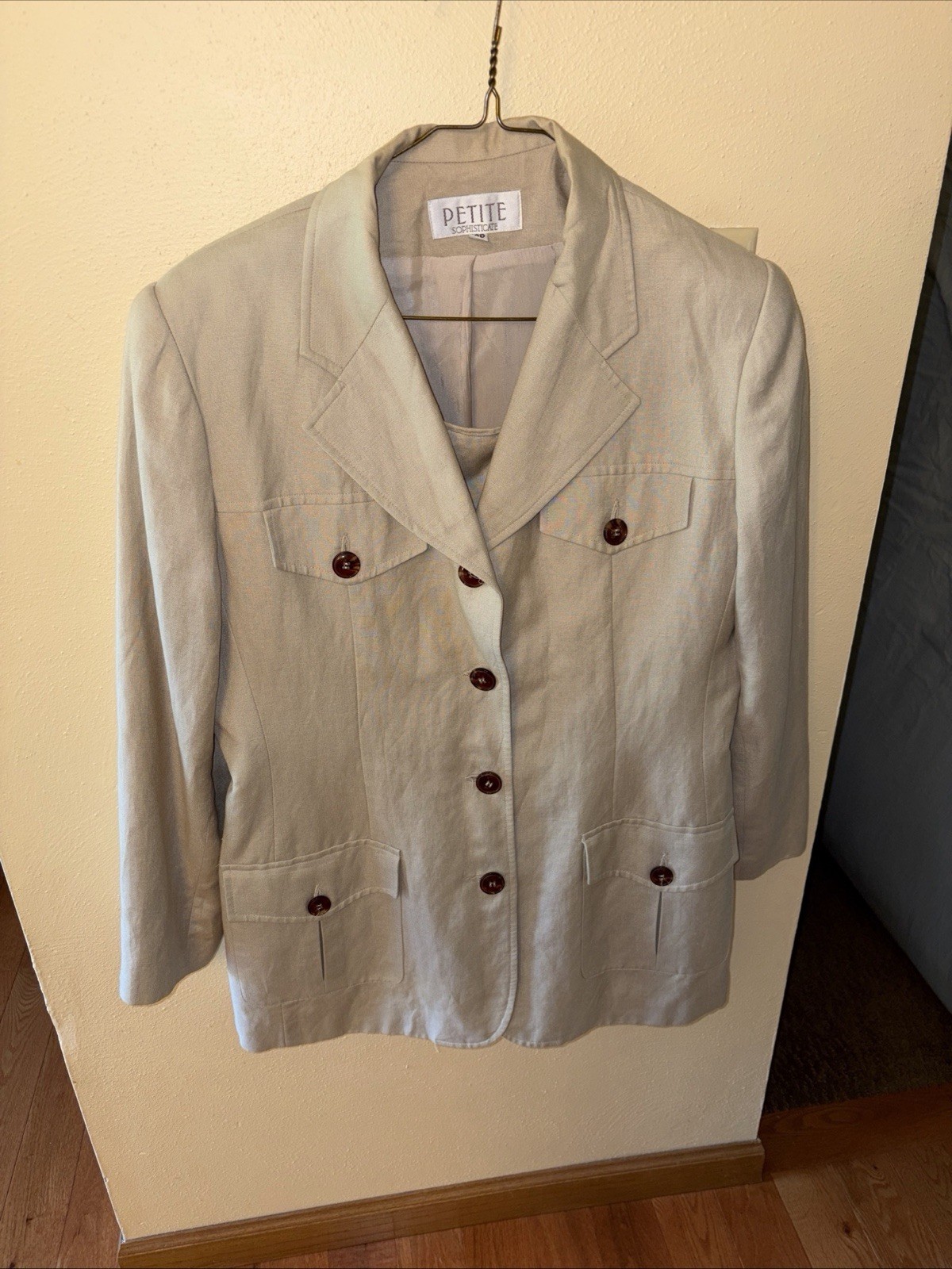 VTG Women Linen Ecru Beige Lined Tailored Blazer And Skirt 12 Petite