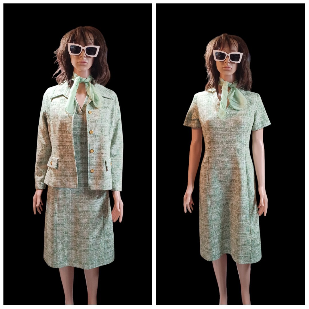 True VTG 1960s 1970s UNION MADE Double Knit Polyester Two-piece Dress Set