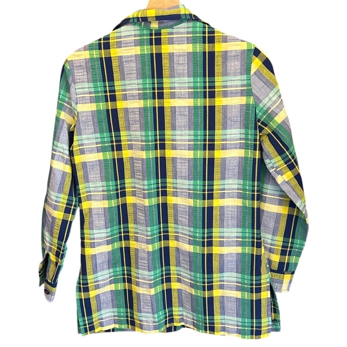 Vintage 70s Plaid Button Down Shirt Retro Mod Disco Style Green Yellow Eclectic