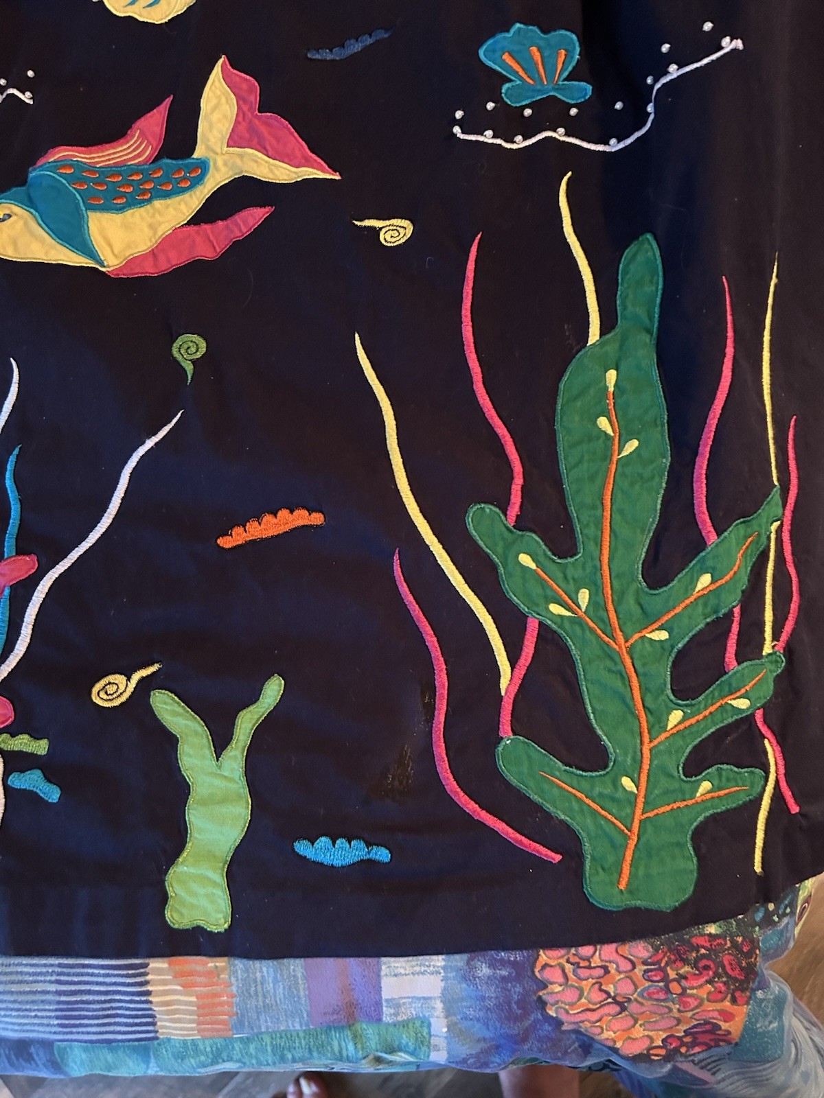 VINTAGE 1980’s1990’s MUUMUU EMBROIDERED OCEAN THEME HOUSE DRESS – XL AWESOME