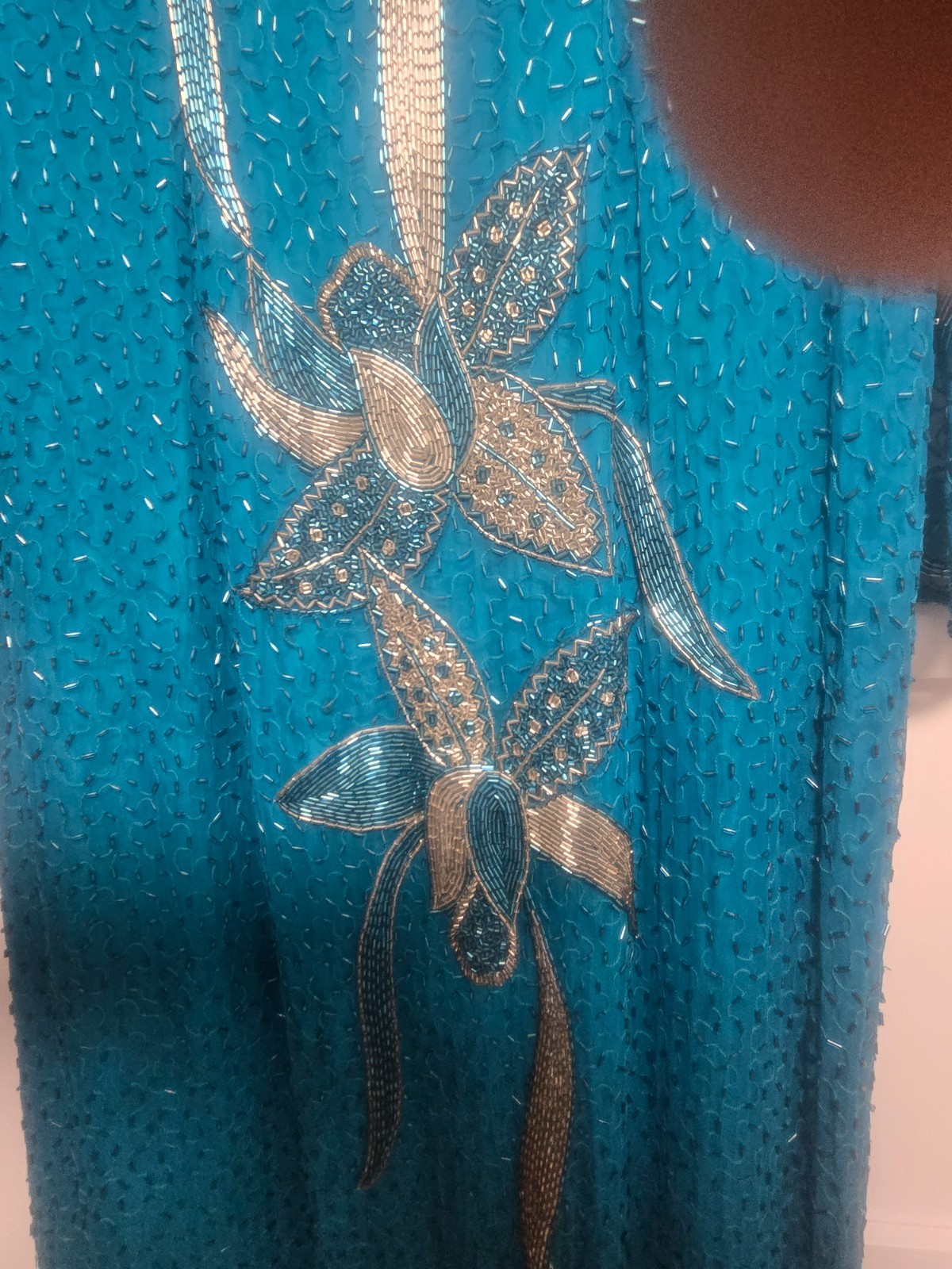 Vintage VINNIE Long Green, Teal, Silk Beaded Dress size XL