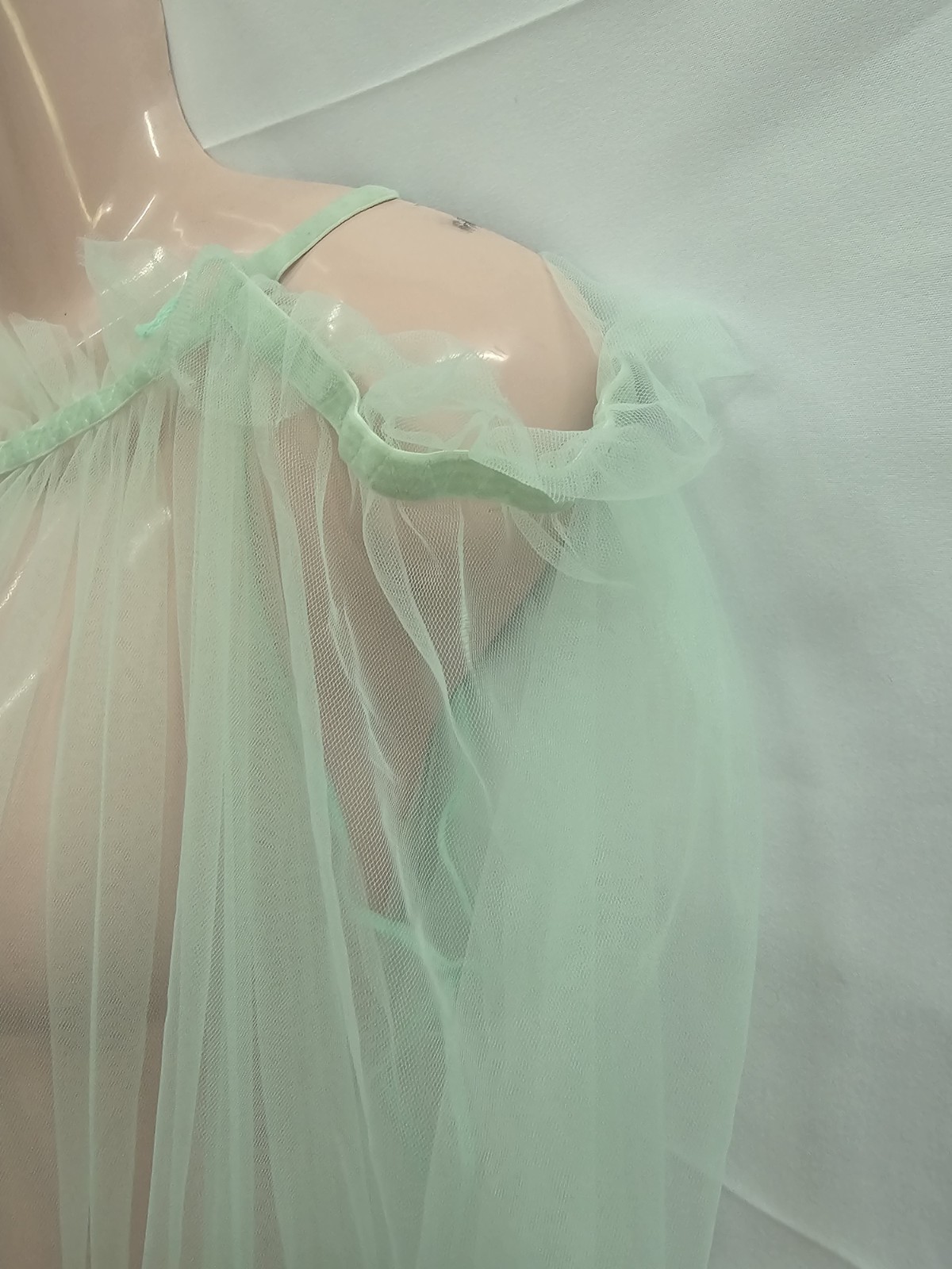 Vintage 1970s Mint Green Sheer Nylon Maxi Nightgown Off-Shoulder Billow Sleeve
