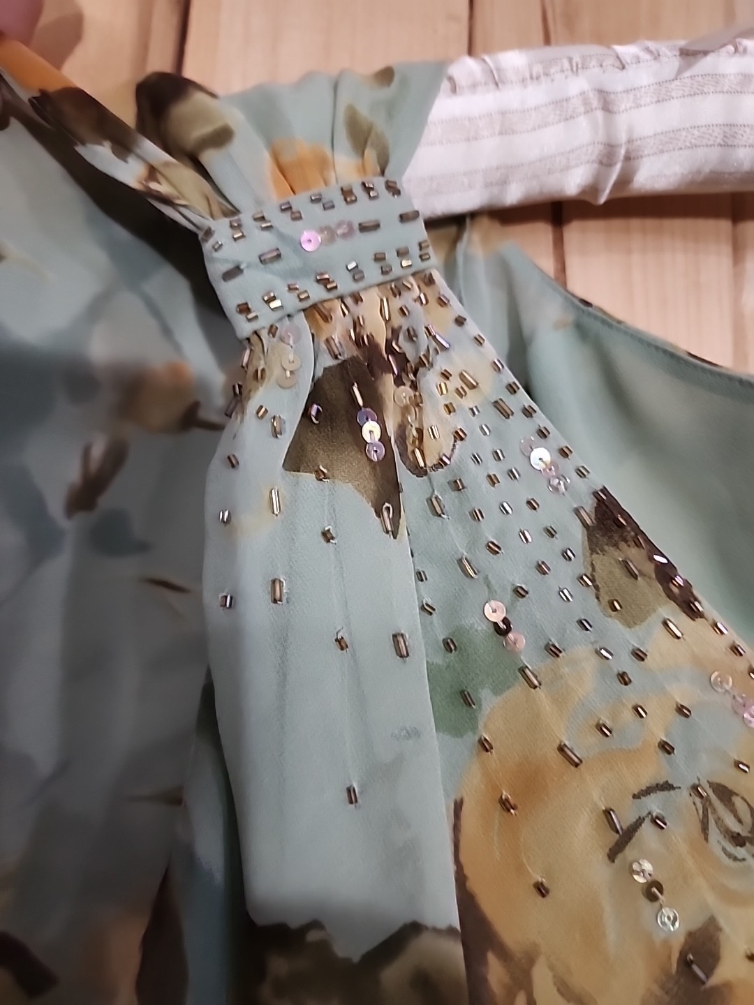 Vtg Adrianna Papell Womens Green Beige Floral Silk Top Asym Skirt Set Sz 16/18