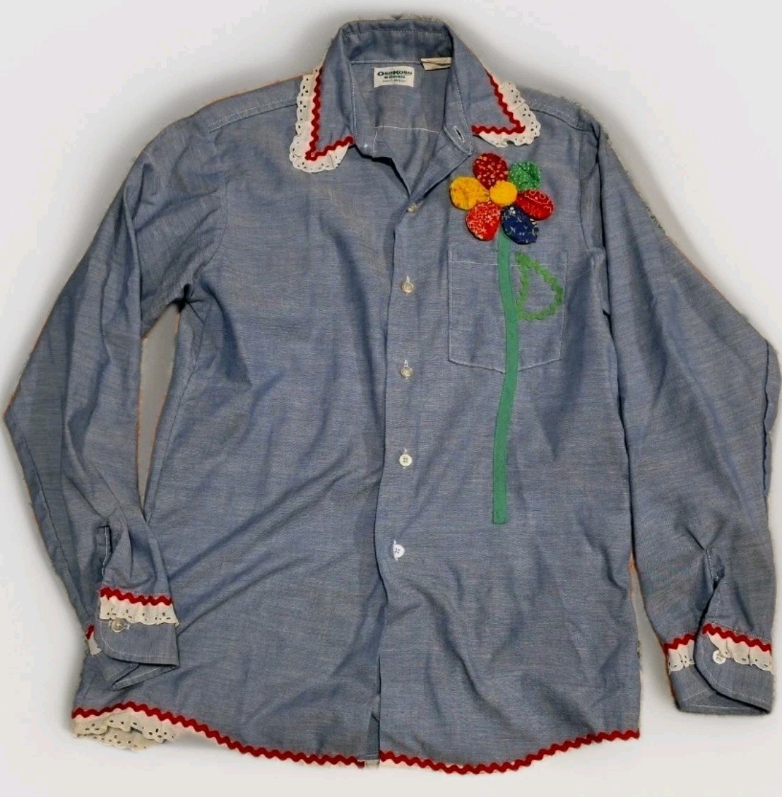 70s Women&rsquo;s Osh Kosh B&rsquo;Gosh Embroidered Chambray Lace Shirt Large Vintage