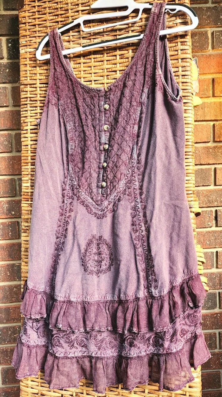 Ren Faire VTG 90s Y2K Tank Dress XL Floral MULBERRY Embroidered Boho Whimsigoth