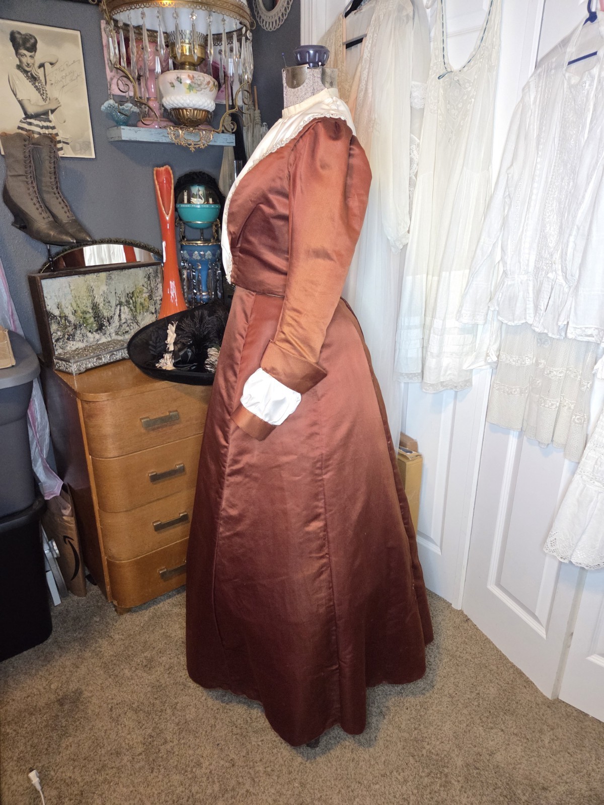Victorian Copper Silk Blend Walking Suit w/ Ivory Taffeta Inserts & Pearl Trim