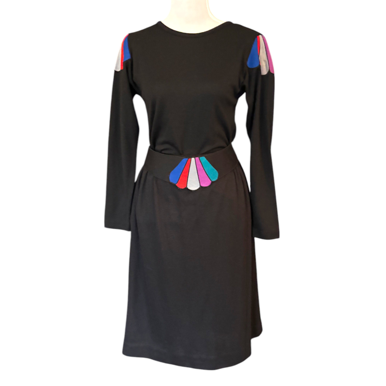 Peter Popovitch vtg 80s 3 pc skirt set colorful fan details belt shoulders sz 6