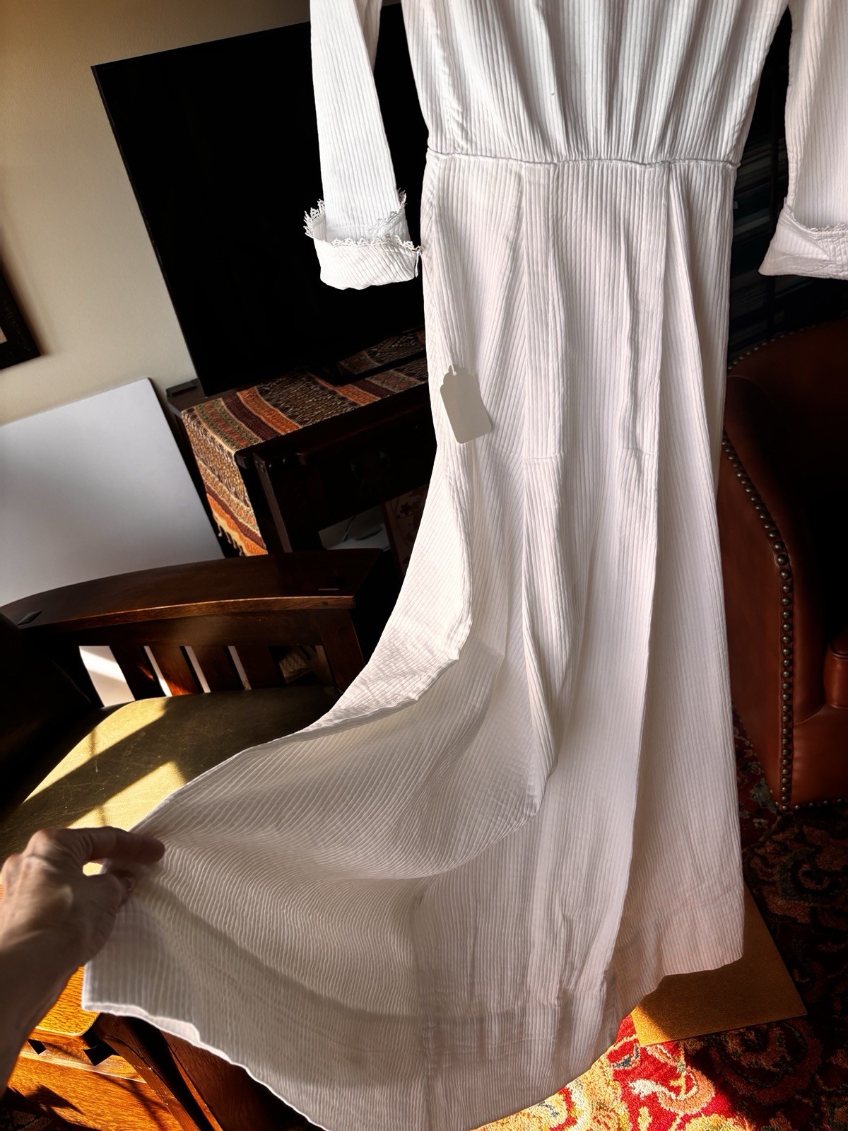 Antique Edwardian Early 1900s White Cotton Dressing Gown Robe Sz S Empire Waist