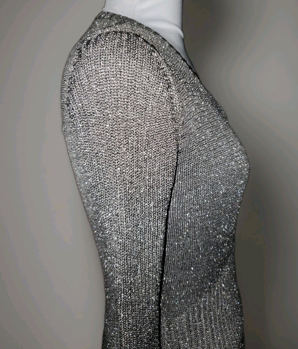 Vint 70&rsquo;s Studio 54 SILVERY METALLIC LUREX Knit V NECK Maxi Dress M HONG KONG