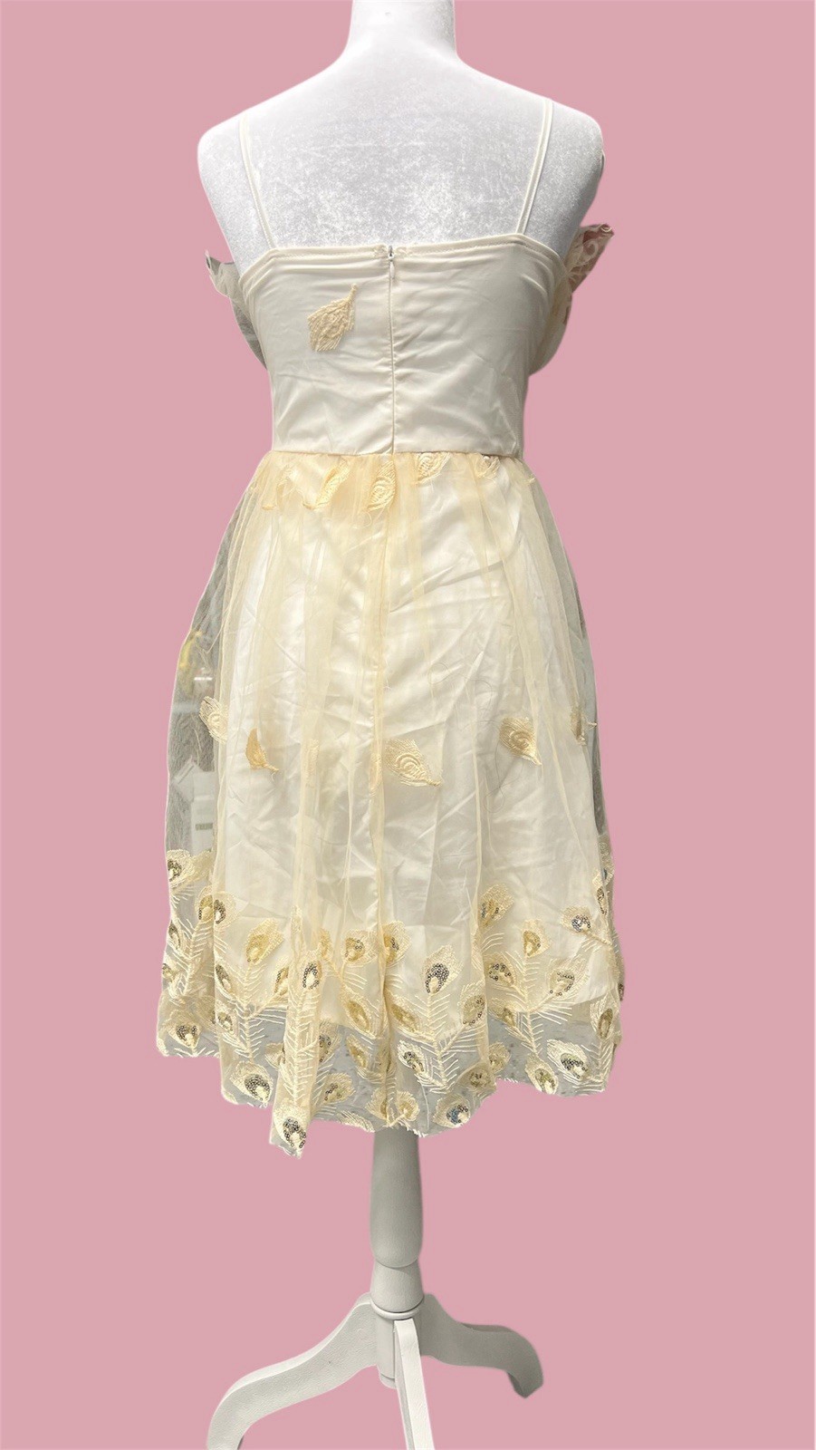 Ivory Sheer Embroidered Tea Dress Vintage Overlay Off-Shoulder Women&rsquo;s