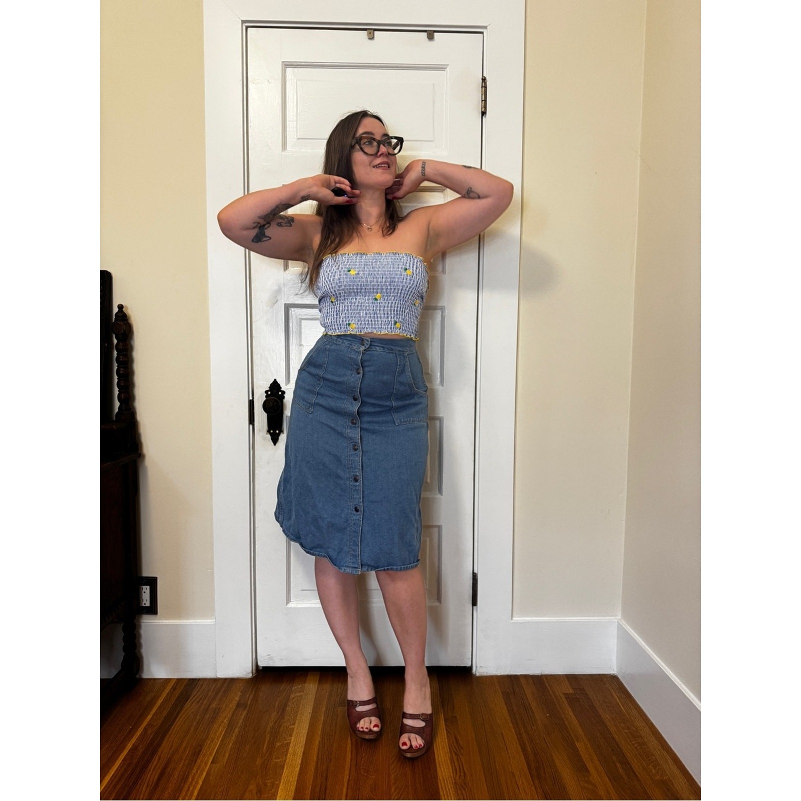 Y2K does 70s Blue and White Pineapple Tube Top Sz S