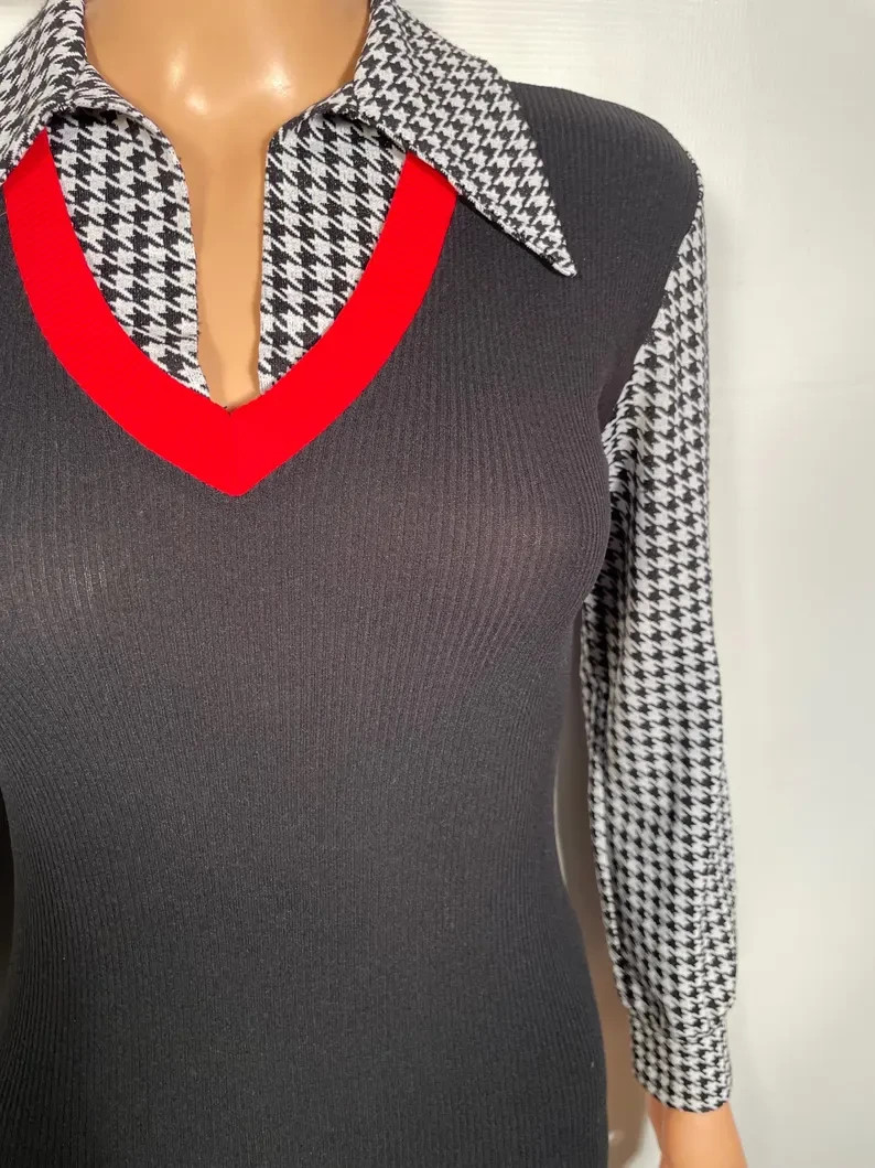 Vintage 1970s Houndstooth Bodysuit Made In USA Size S/M