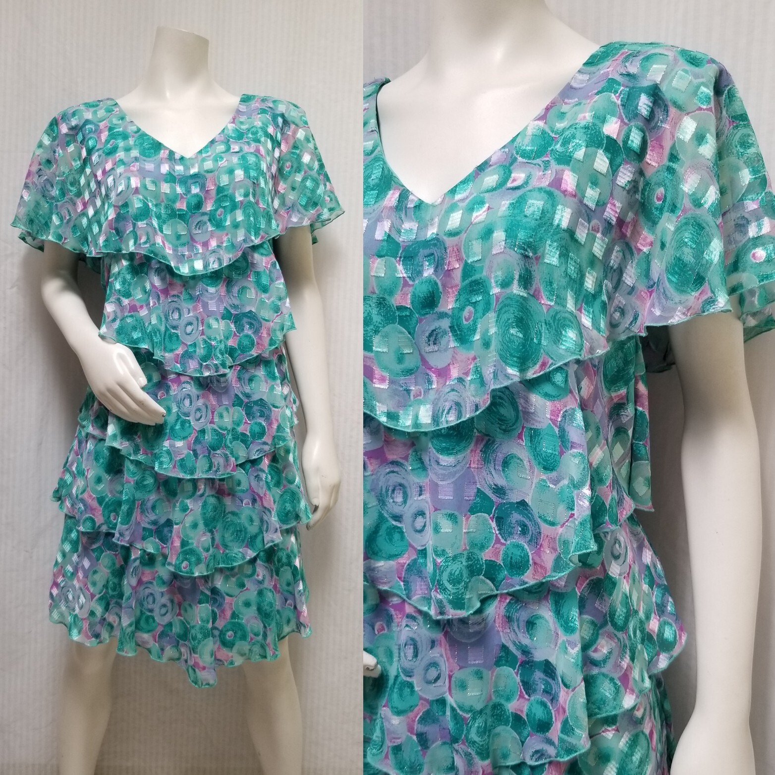 Vintage 1980/90&rsquo;s PATRA Teal Purple Tiered Ruffle Dress – Size M – EUC