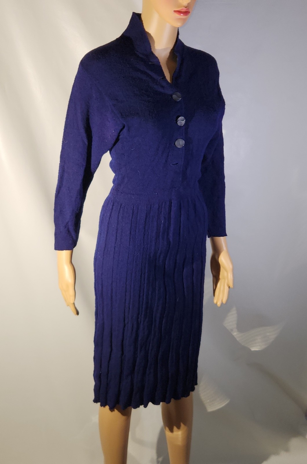 Vintage 1950s Wool Rayon or Nylon Knitted Sweater Dress Skirt Blue MCM 50s