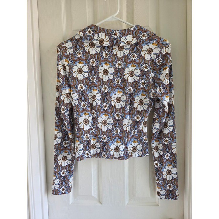 Maeve Anthropologie Retro 70s Floral Ruched Button Down Top Blouse Brown Blue S