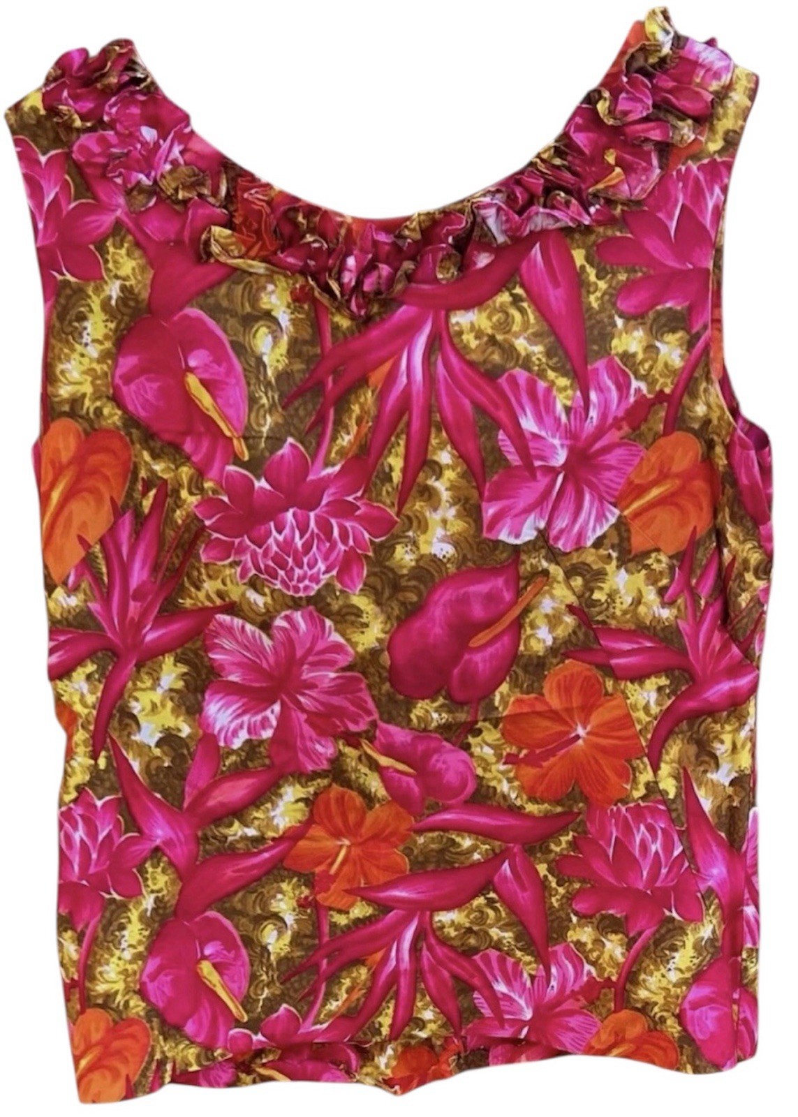 Women’s Flowered – Ruffled Top – Homemade- Tiki Party! Tropical Vintage Outfit