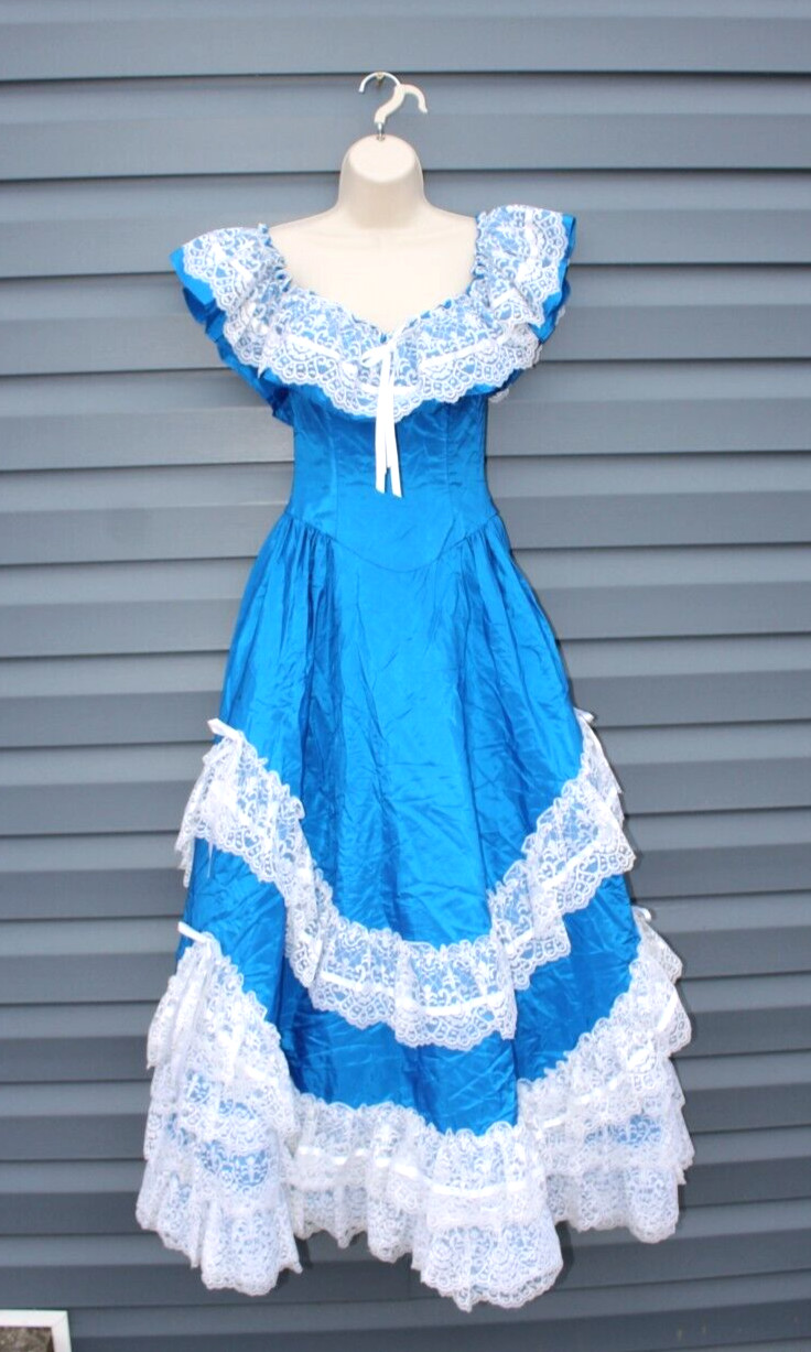 FLIRTATIONS Blue Colonial Victorian Gown Size 5/6 VTG Alfred Angelo Dress Prom