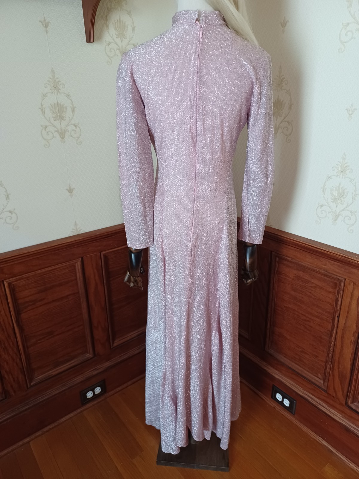 Vintage 1960s/70s Pink Glitter Disco Glam Medieval Revival Hostess Maxi Dress