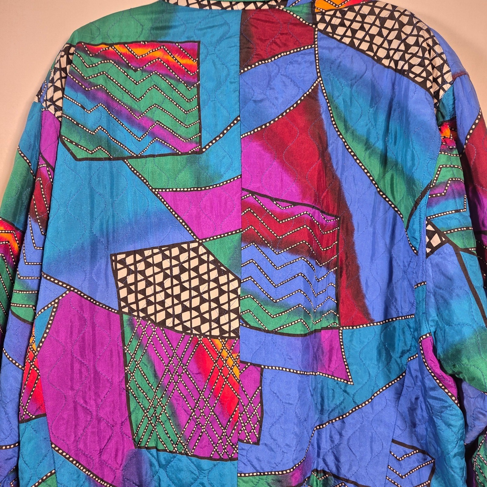 Neiman Marcus Vintage 80s 100% Silk Quilted Jacket Art To Wear Color block Retro