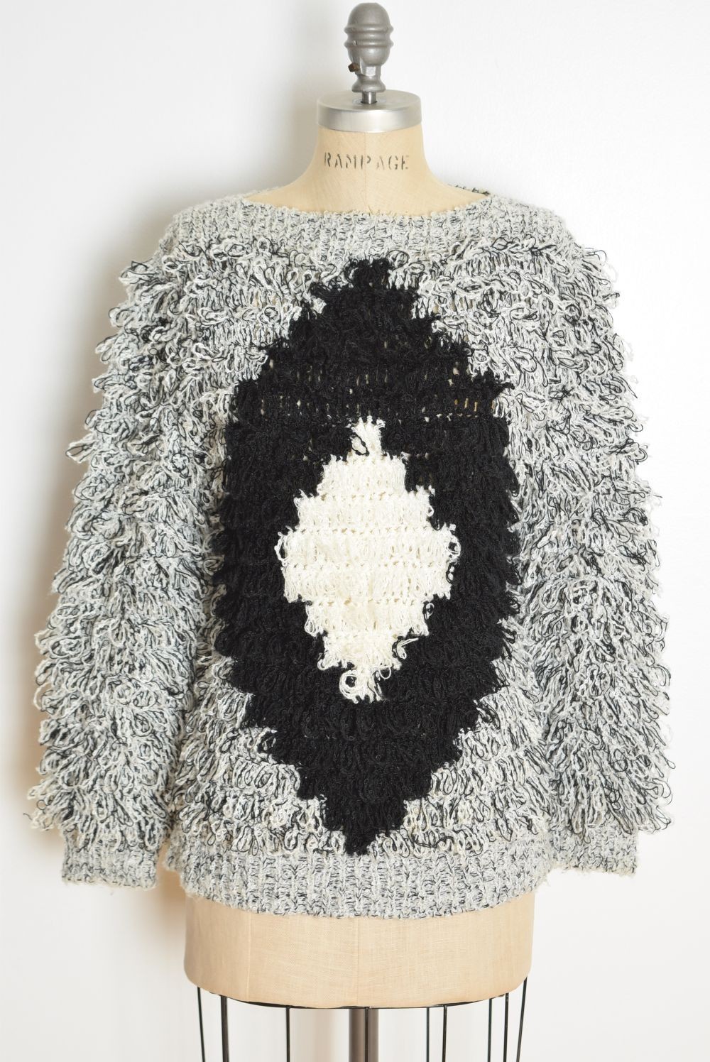 vintage 80s sweater shaggy loop fringe black white bullseye diamond top shirt M