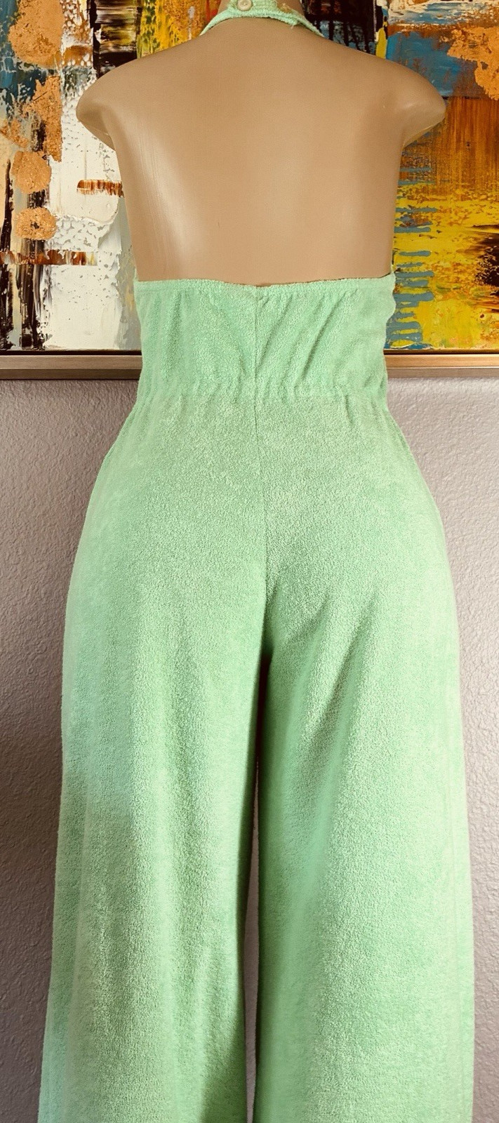 Vtg Mint Green Halter Catalina Terrycloth Flare Jumpsuit L