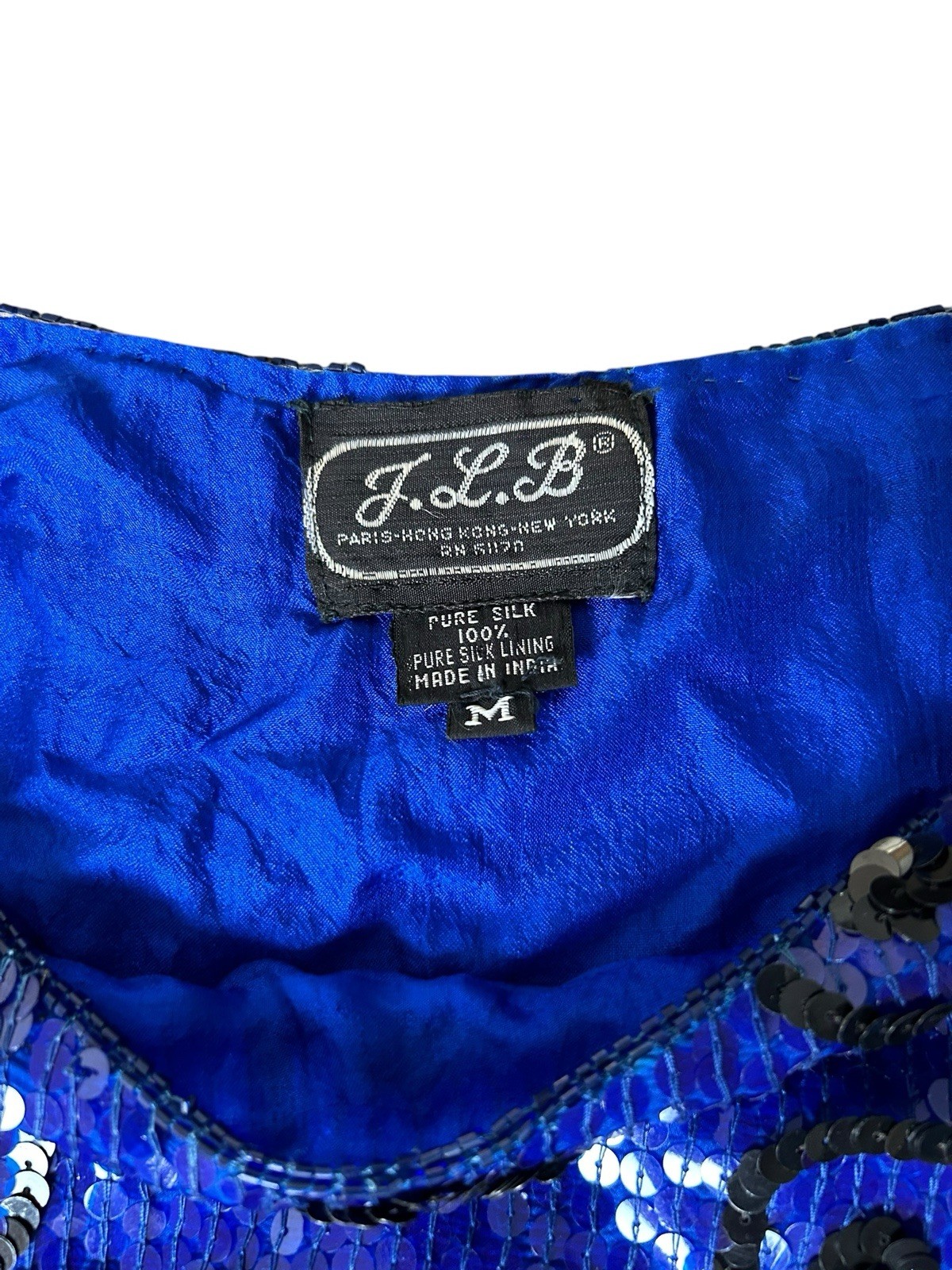 Vtg JLB Sequin Silk Evening Blouse Sz M Royal Blue Short Sleeve Geometric Funky