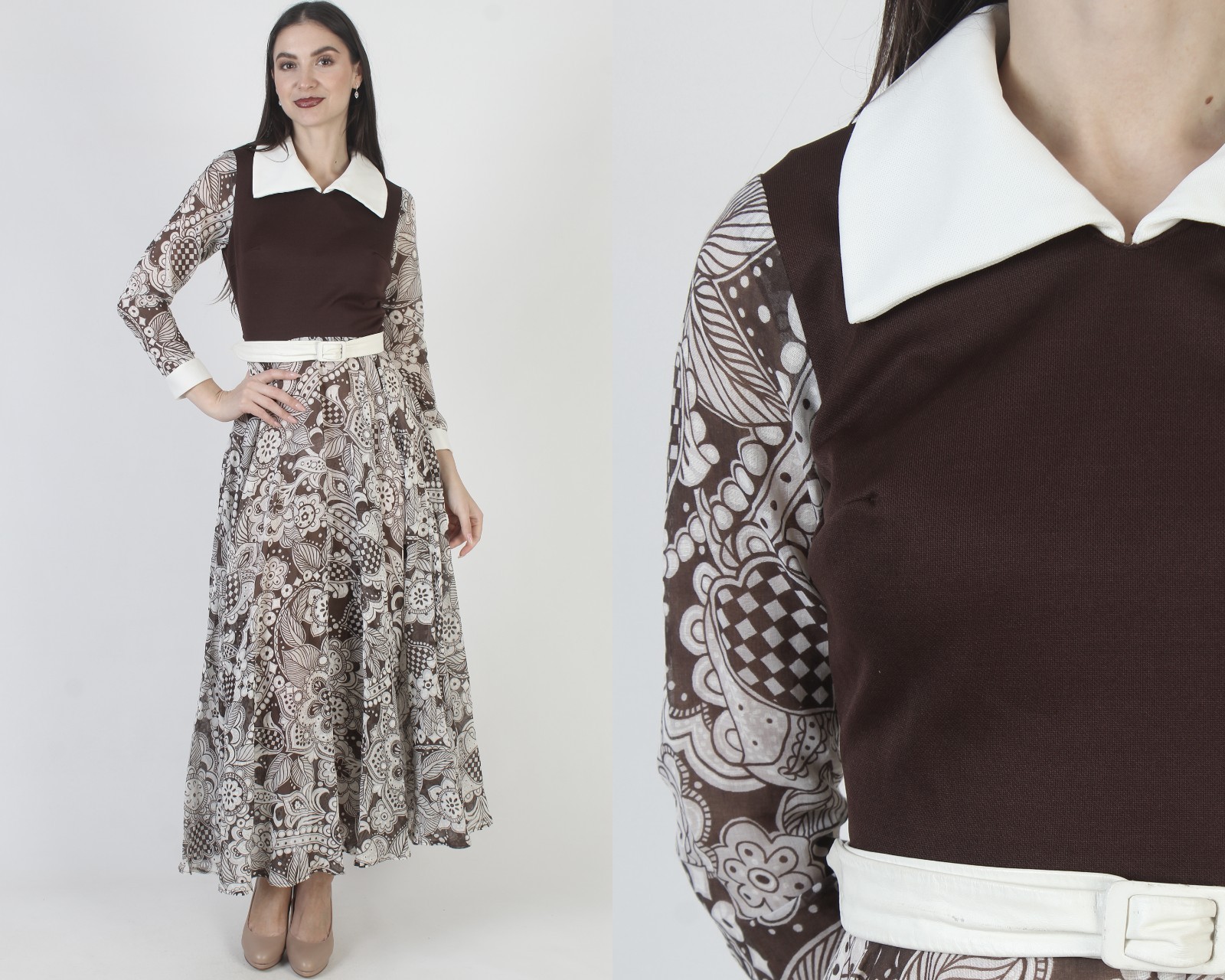 Vtg 70s Dagger Collar Dress Long Wht Floral Mod Scooter Cocktail Lounge Maxi