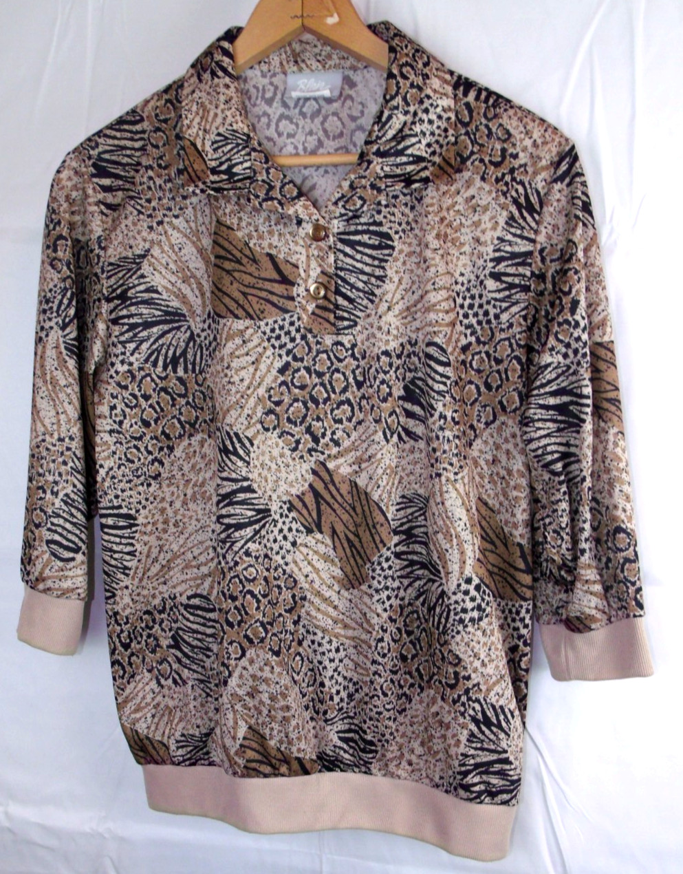 VTG Blair Brown Animal Print Collared 3/4 Slv Pullover Blouse Women Sze L 70s80s