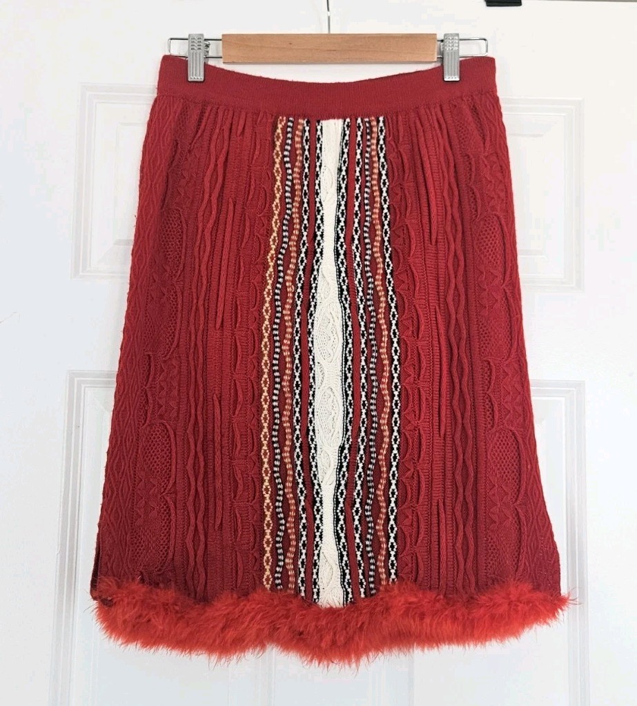 COOGI Australia Vintage Fair Isle Knit Sweater Skirt Feather Trim SZ M / L