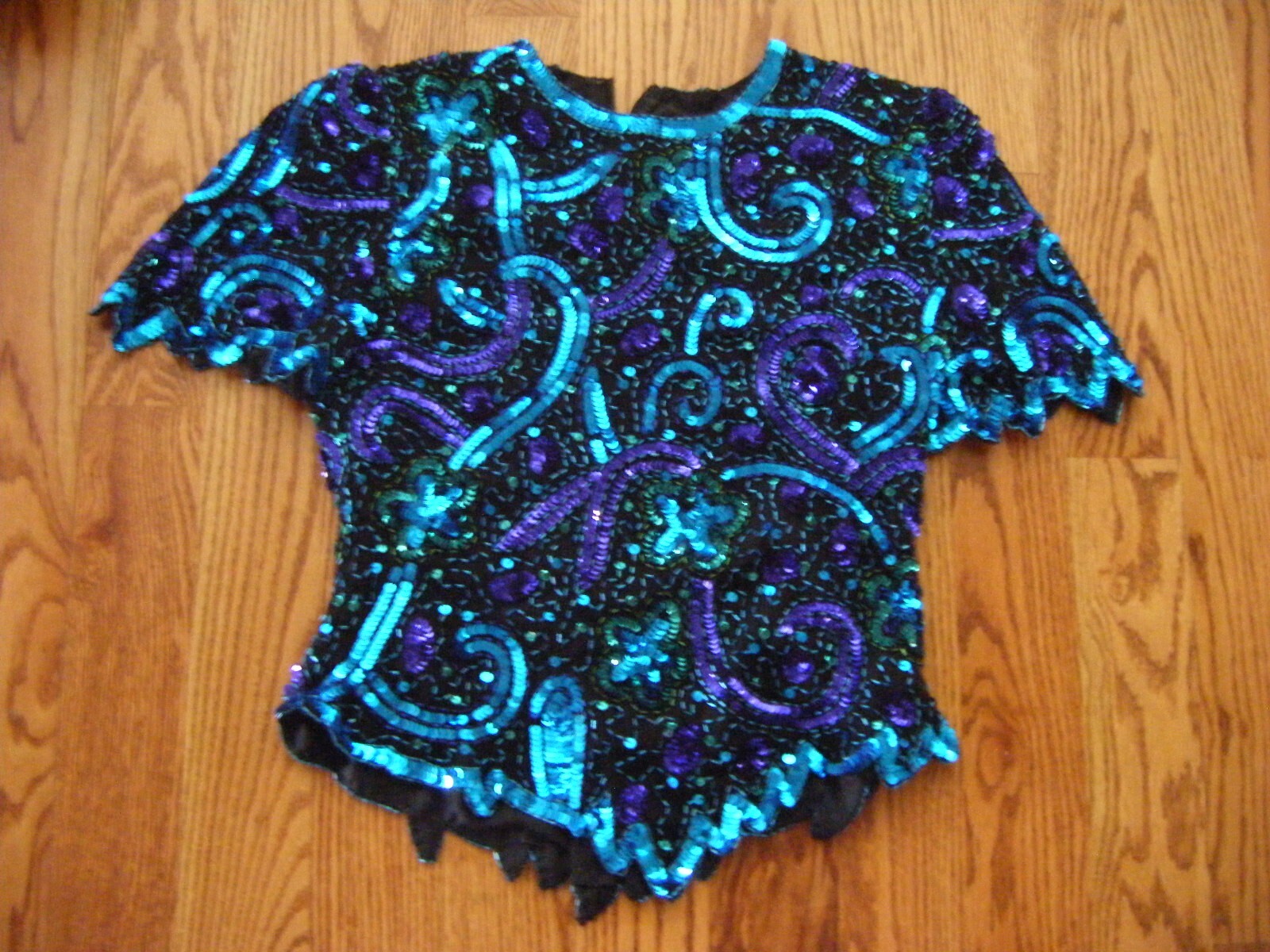 Vintage 80s Sparkle Blue Purple Sequin Beads Top-Bust 34/XS