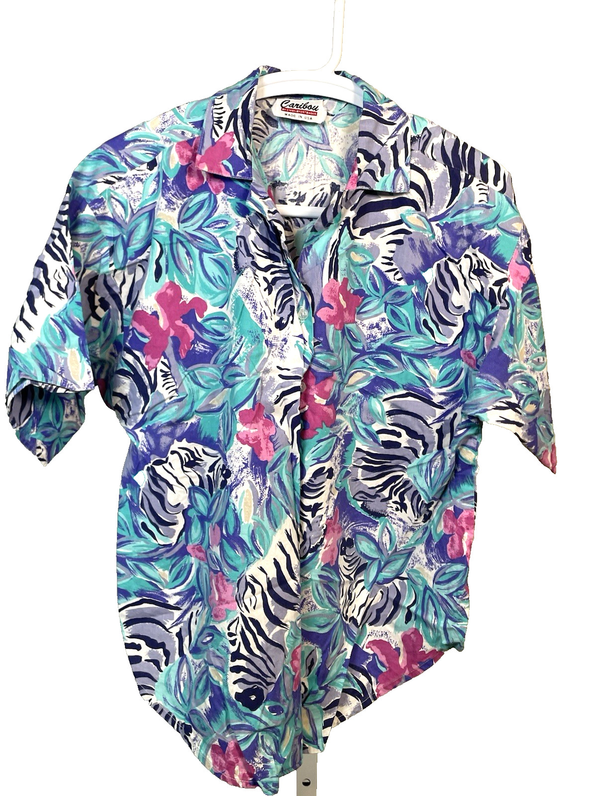Vintage Caribou C&rsquo;mon Sportswear Women&rsquo;s Blouse Floral Zebra Print USA Medium
