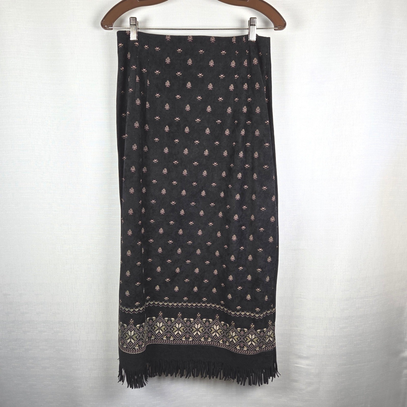 VTG Karin Stevens Petites Black 2 Piece Skirt Suit Women&rsquo;s 10P Fringe Hem Velvet
