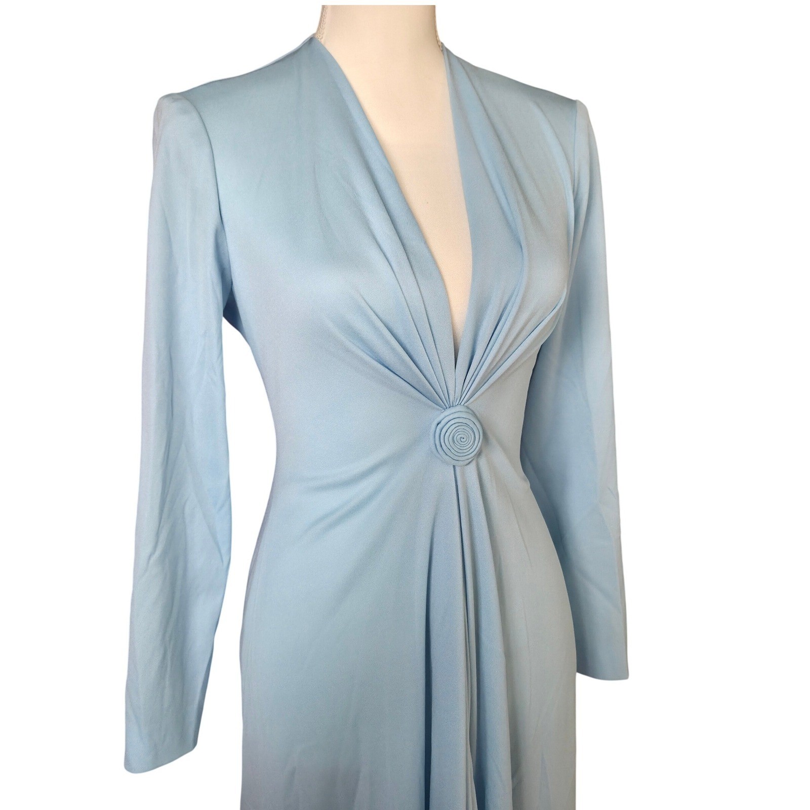VTG 70s Felix Arbeo B Altman Blue Twist Maxi Dress Disco Goddess Gown Plunge
