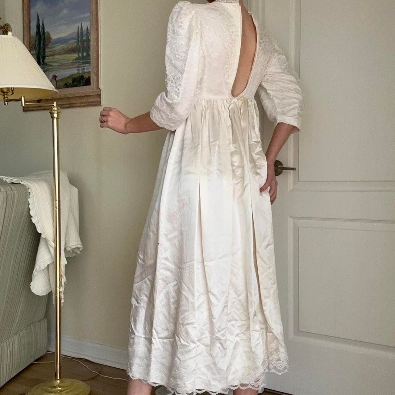 Vintage Handmade White Lace Basque Waist Gown with Puffy Sleeves
