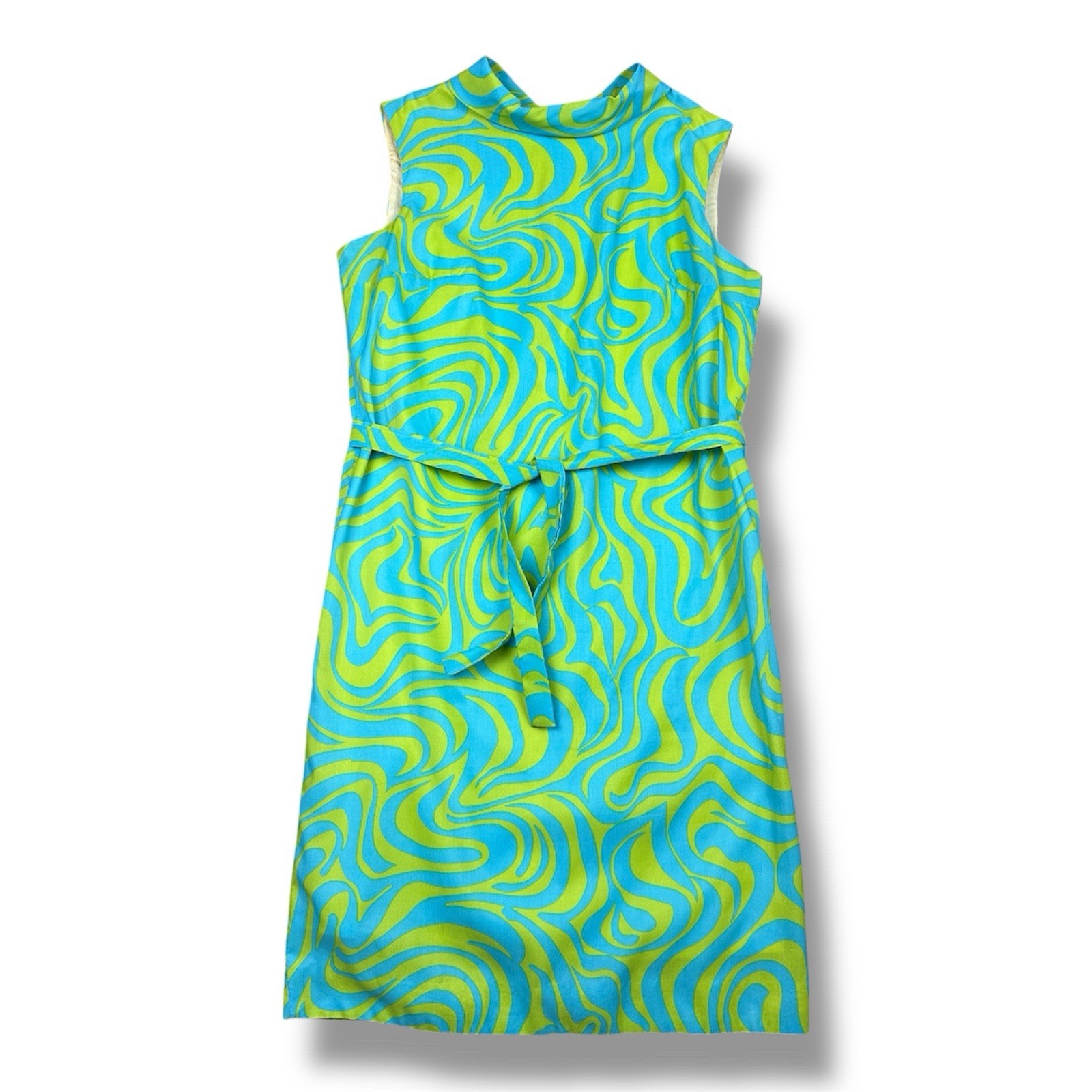 Vtg 70s Fritzi of California Women&rsquo;s Dress Lined Mod Line Green Blue Swirl +Belt