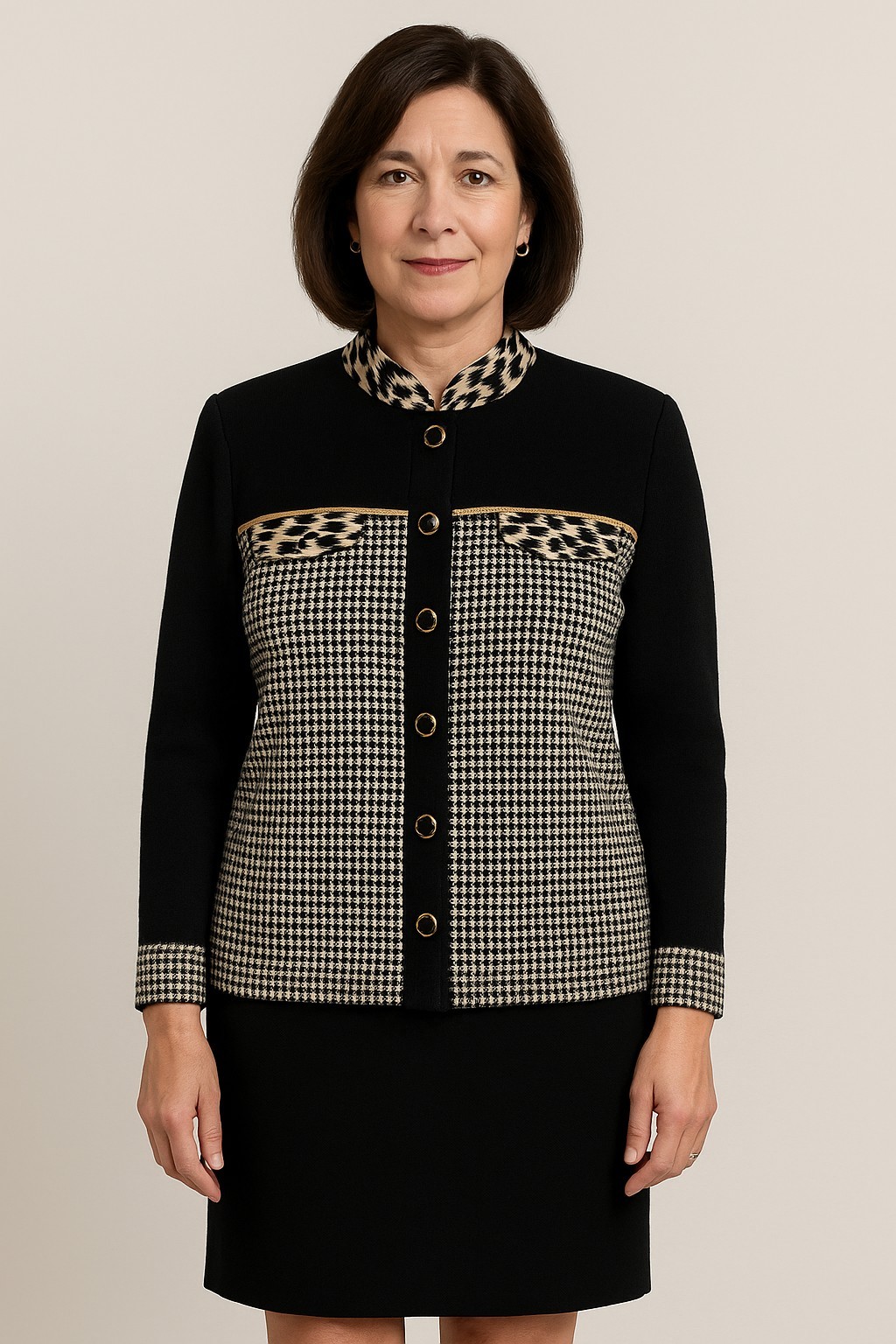 Vintage 80s 90s Peter Popovitch Houndstooth Knit Jacket Gold Trim USA Made Sz M