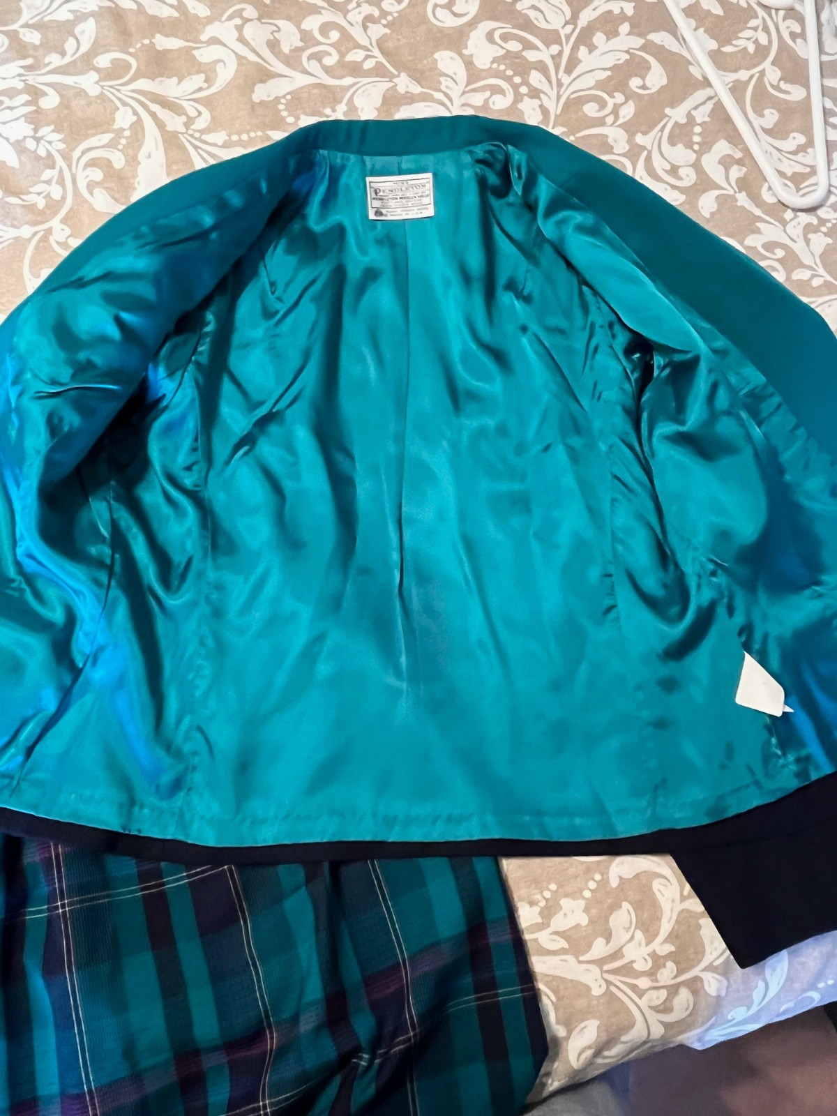 Vtg Miss Pendleton Virgin Wool Blazer Pleated Skirt Navy Turquoise Green Size 8