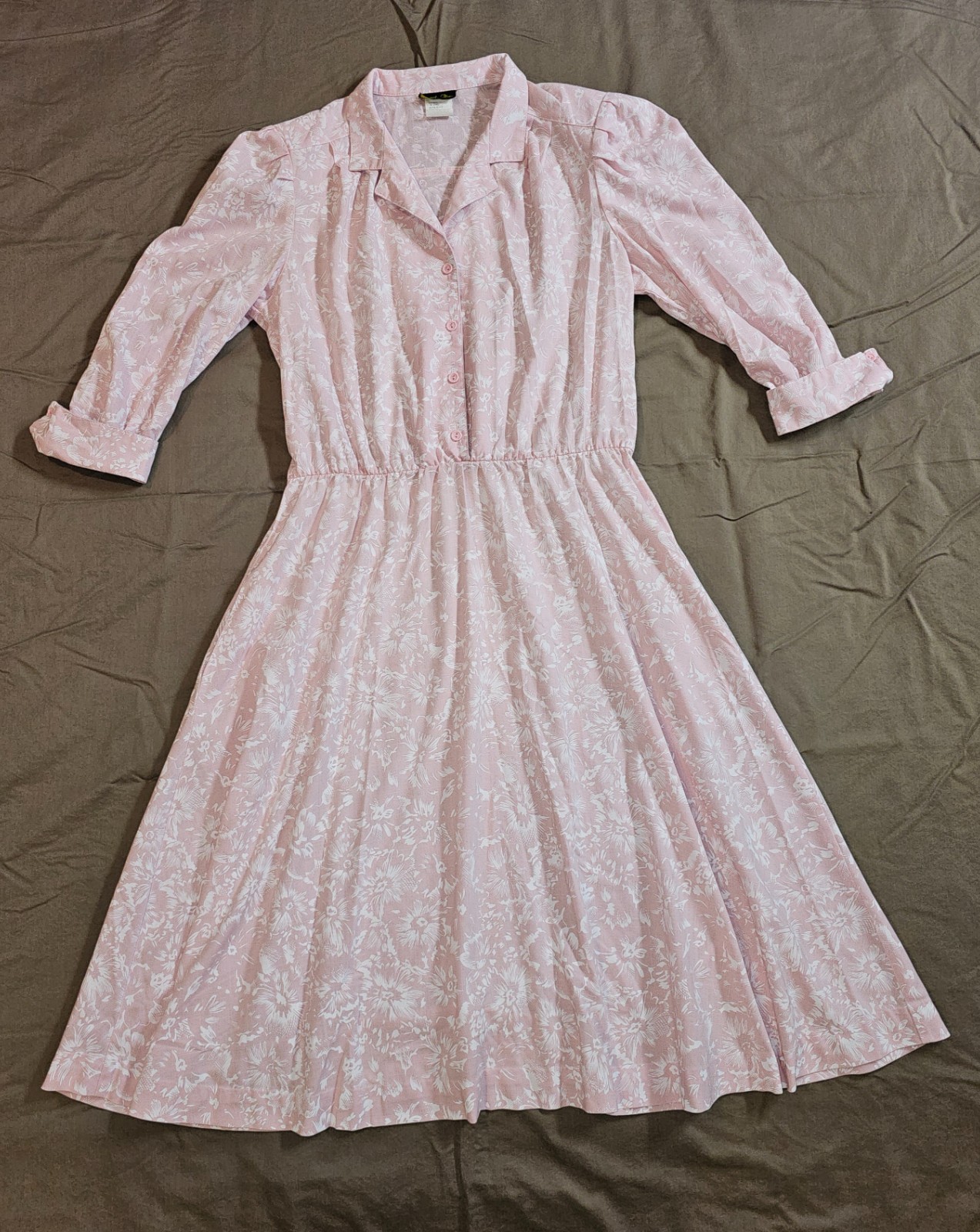 VTG 80s Stuart Alan Floral Midi Dress Powder Pink Buttons Sleeve SZ 16 COTTAGE