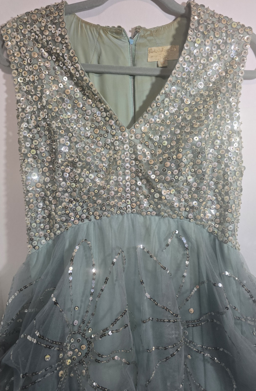 Victoria Royal Ltd. Vintage 60s Beaded Ice Blue Silk Formal Prom Dress size 18