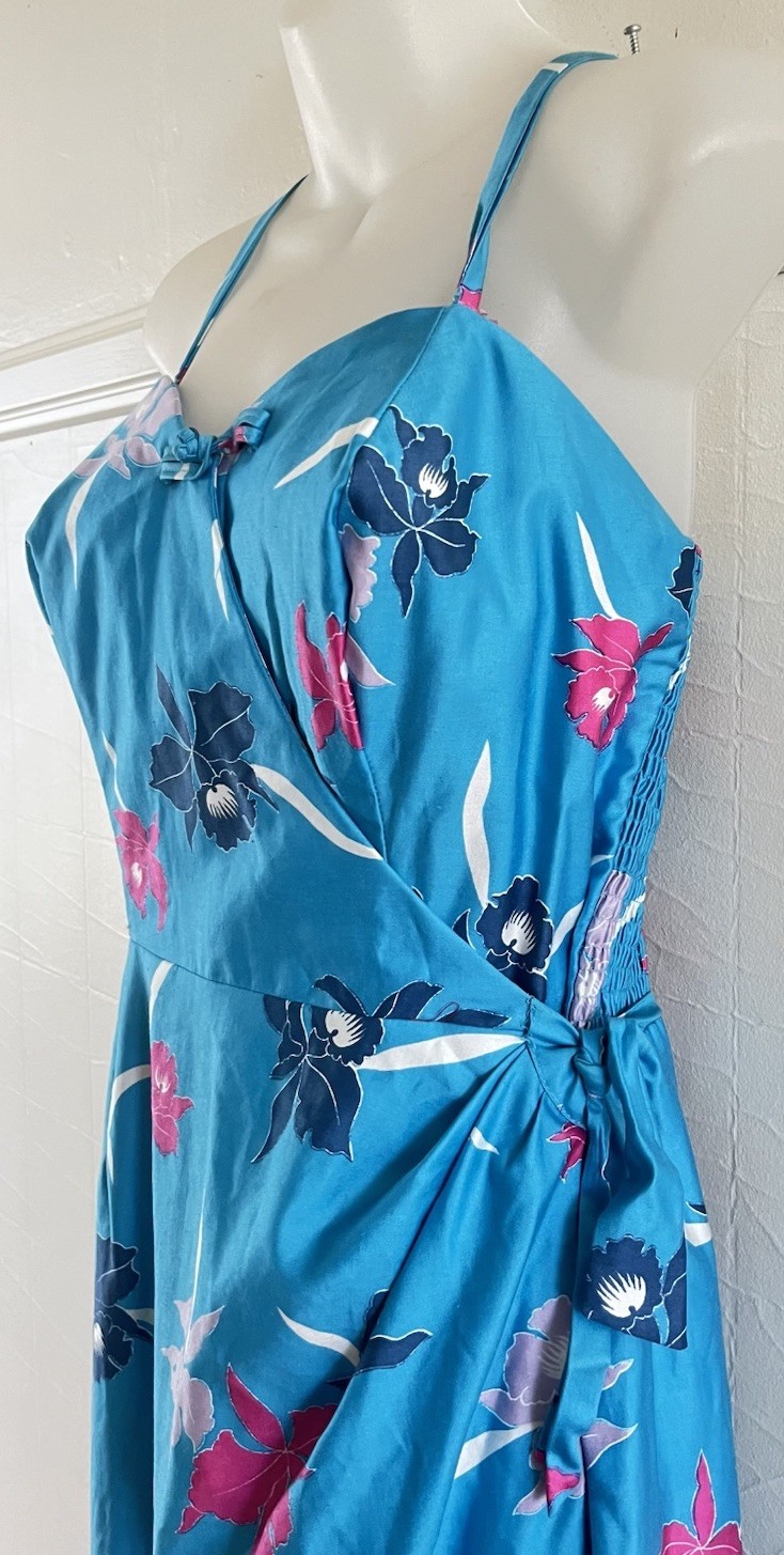 VTG 60&rsquo;s Kimo&rsquo;s Polynesian Shop Hawaiian 🌺 Turquoise Maxi Wrap Sarong Dress-14