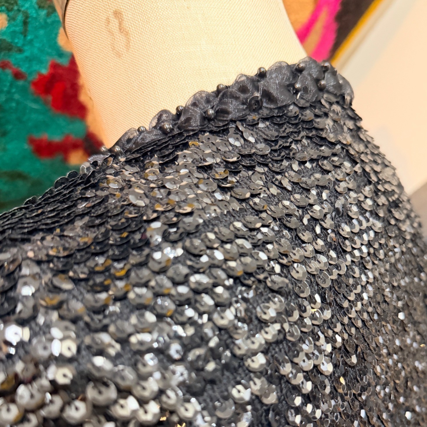 Vintage Black Sequin Vest 3D Floral Beaded Applique Open Front Evening Size 44