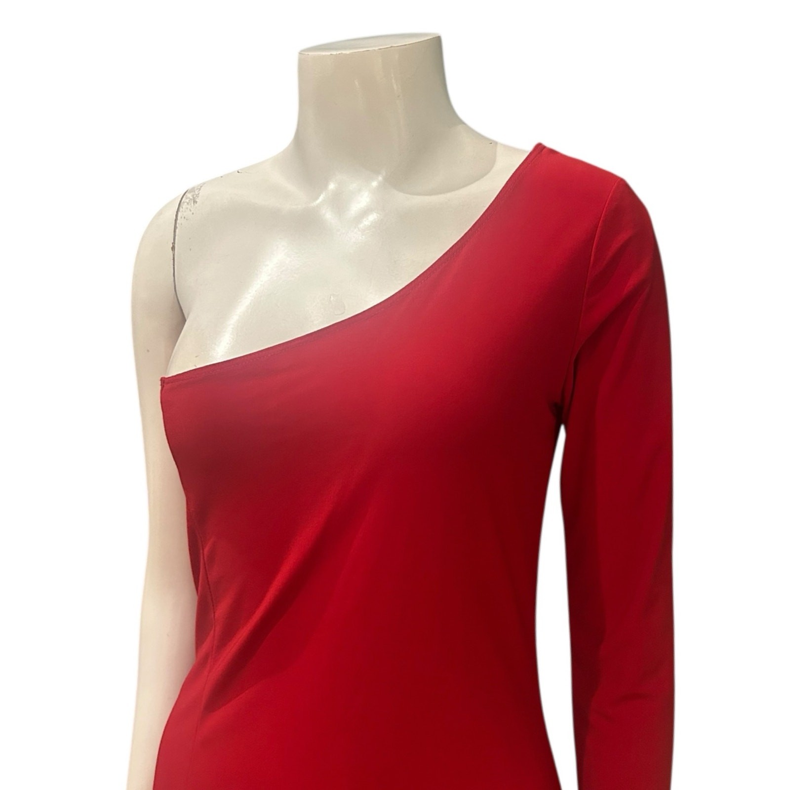 Vintage Red One Shoulder Mini Bodycon Stretch Dress Asymmetrical / Medium ^