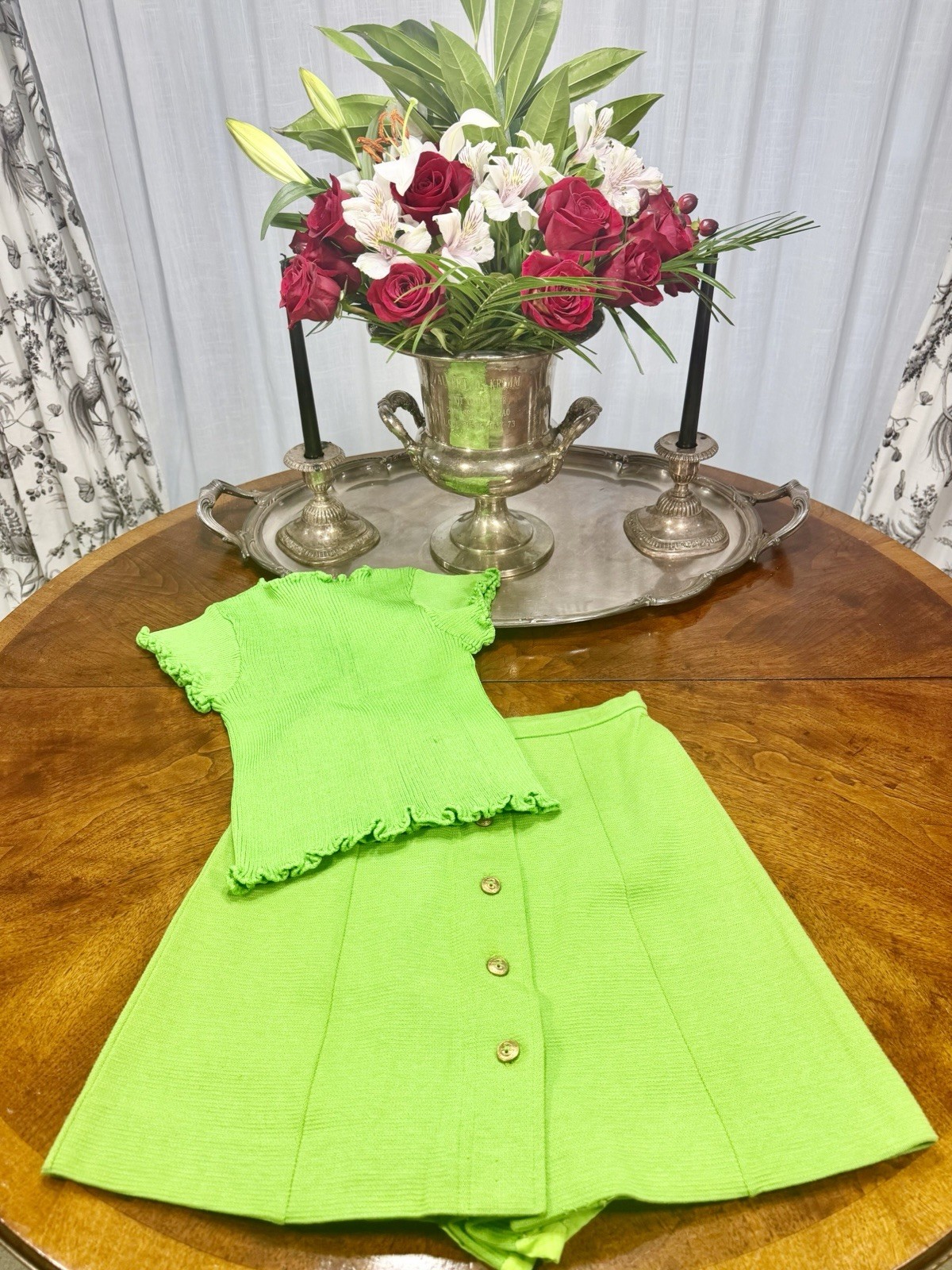 Vintage 1970s Green Catalina Skirt & Green Short Sleeve Crop Top- XS