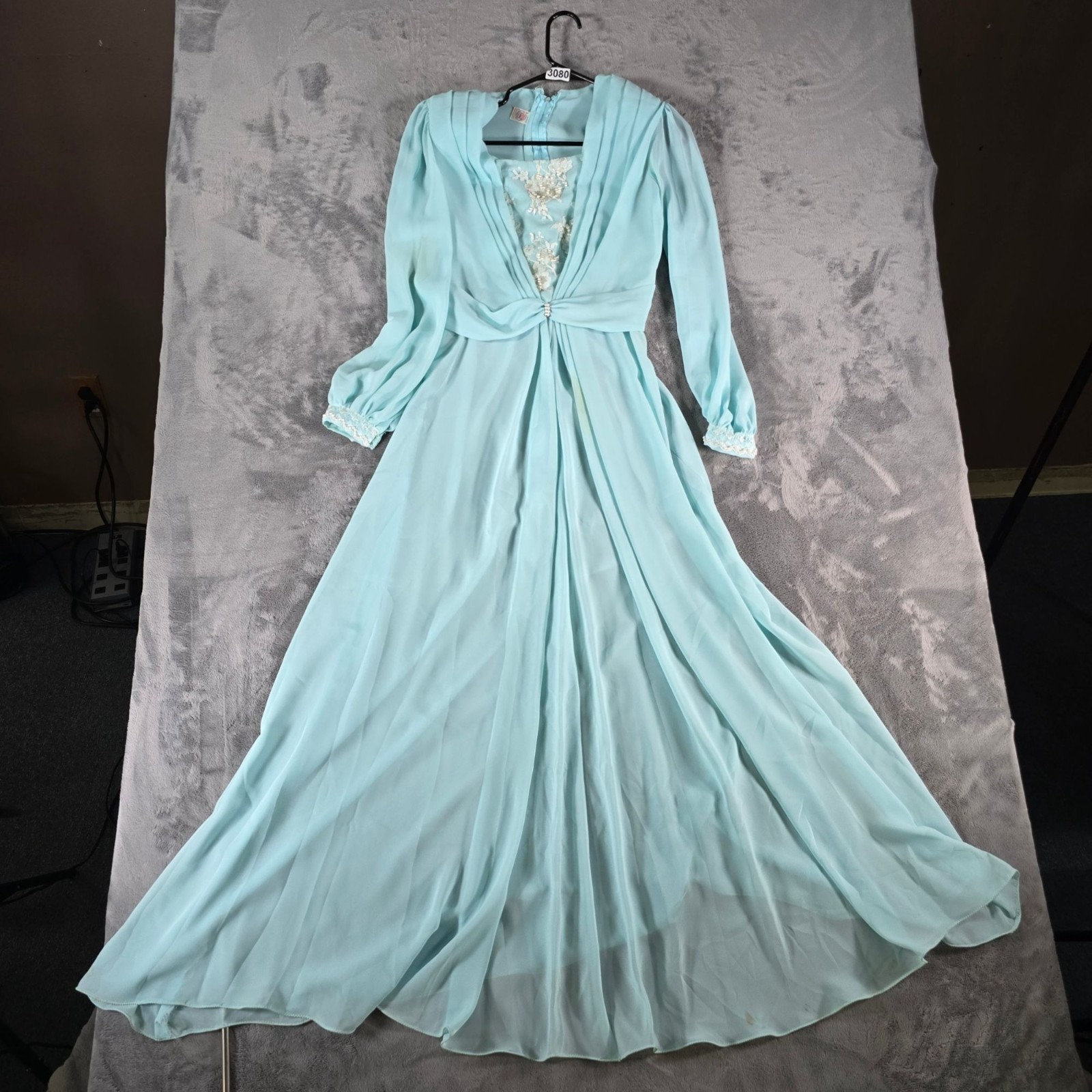 Vintage 1970s Powder Blue Chiffon Beaded Bodice Formal Maxi Dress/Gown (M)