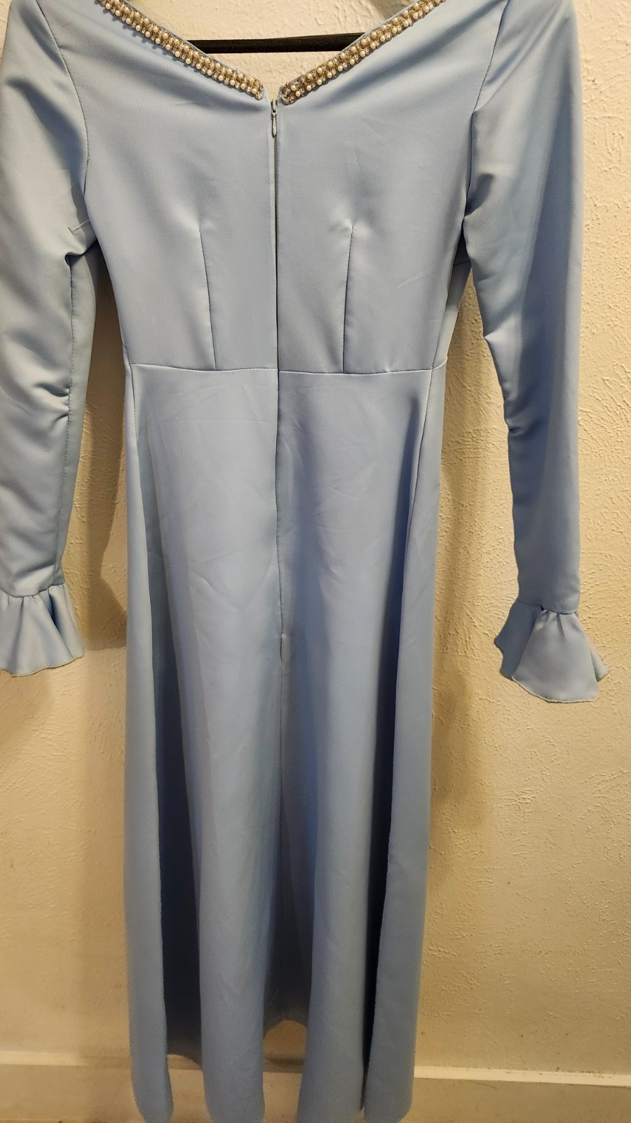 Vintage Evening Custom Dress Size Medium Light Blue Bell Sleeves Pearl Accent
