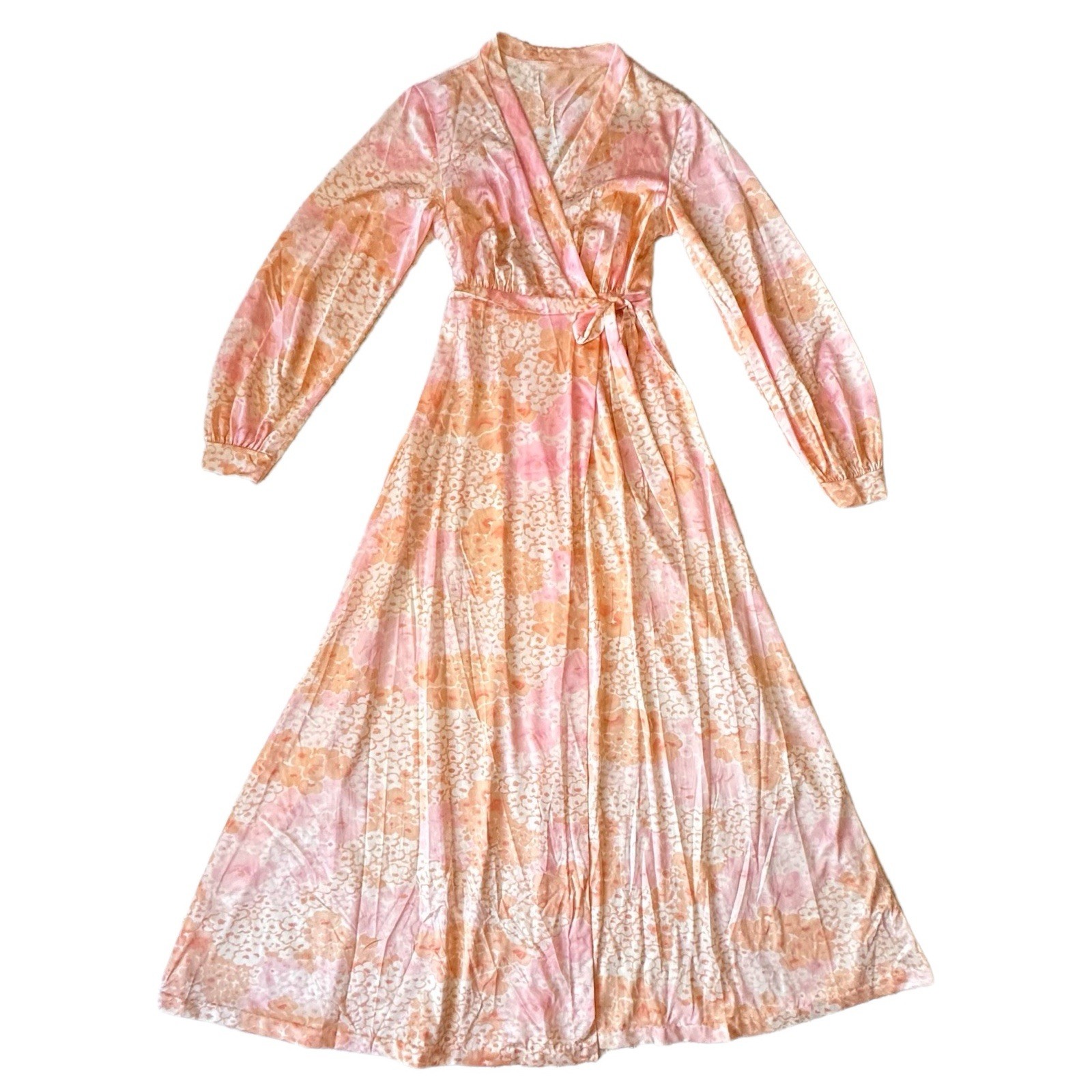 Vintage 1970s Miss Elaine Marc Series Lounge House Dress Robe Pink Orange Floral