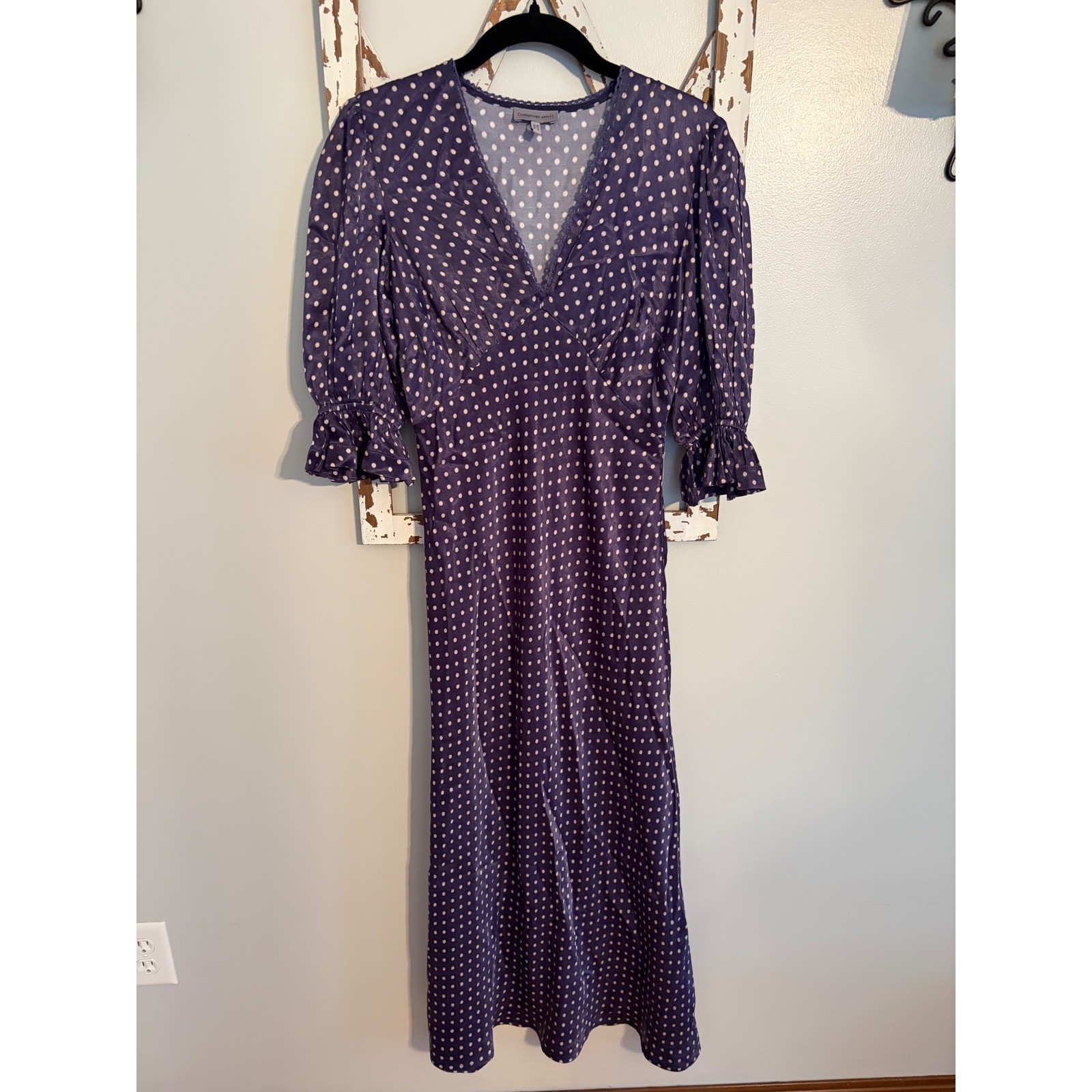 Anthropologie Conditions Apply V-Neck Maxi Dress Satin Polka Dots Size Petite S
