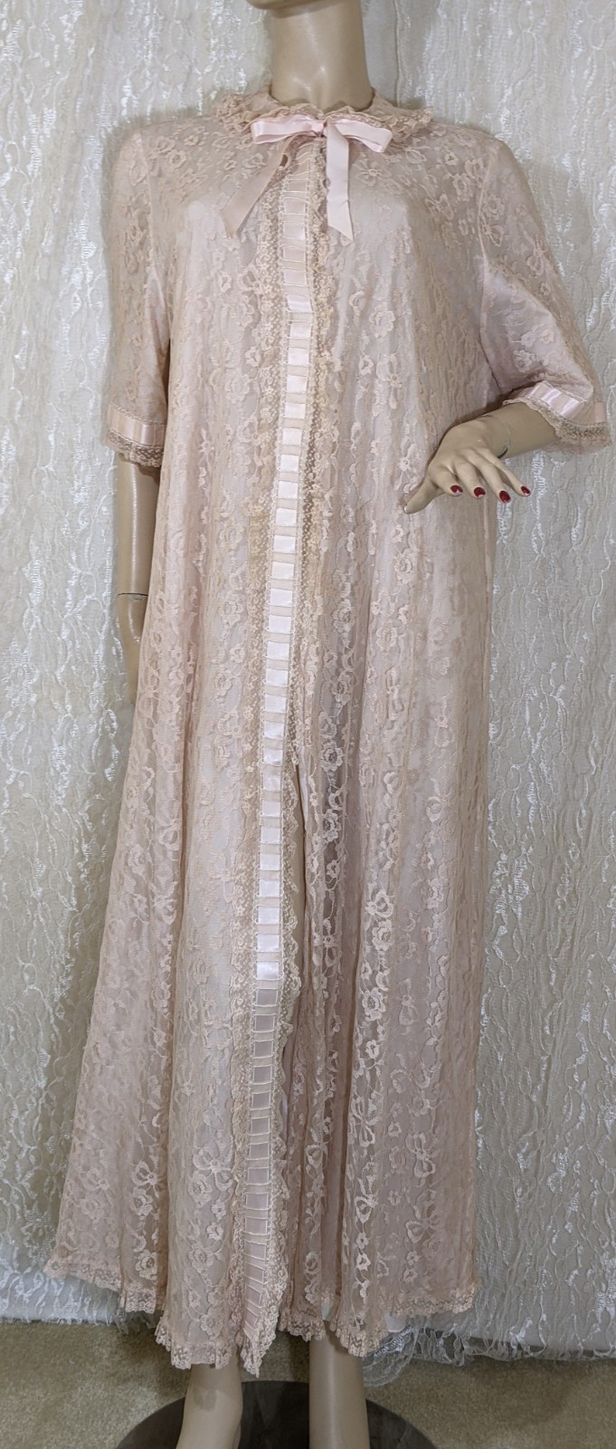Vintage Odette Barsa Lined Pink Lace Overlay Lingerie Long Dressing Gown Robe L