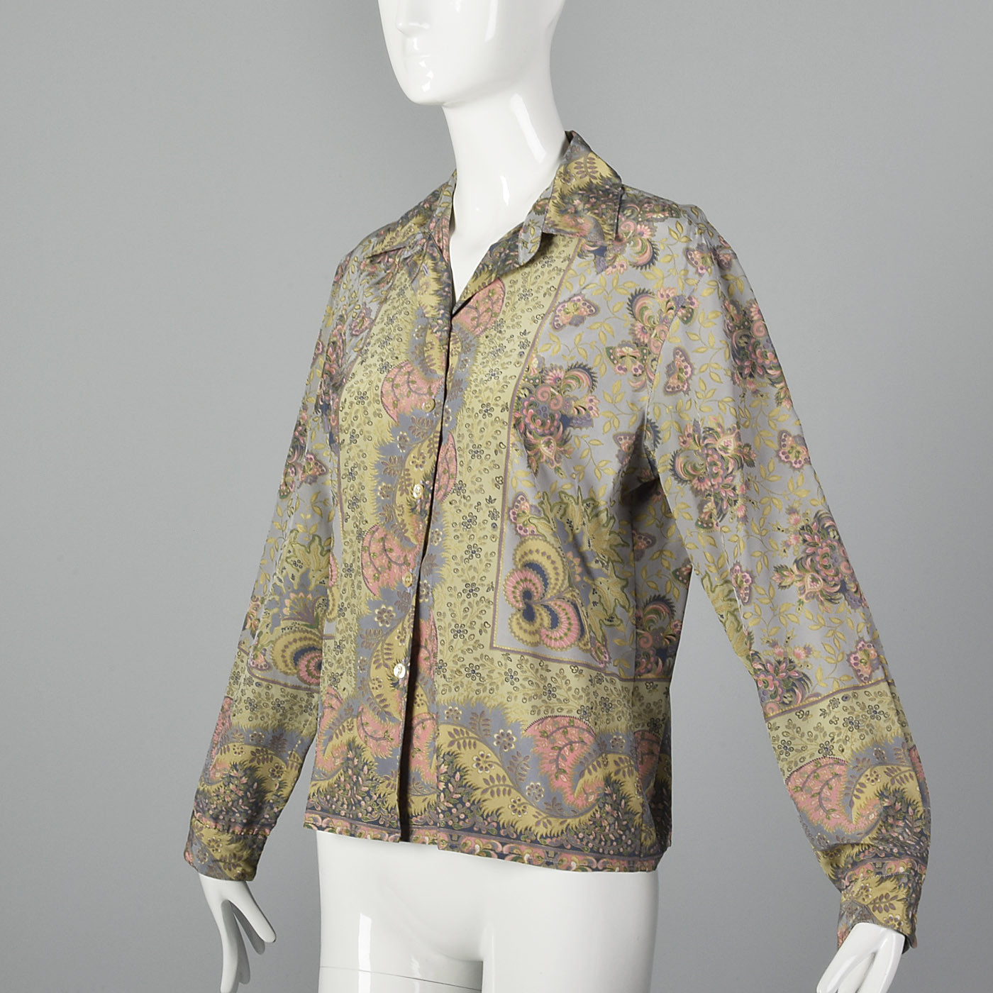 Large 1970s Byblos Silk Blouse Grey Baroque Print VTG Metallic Gold Button Up